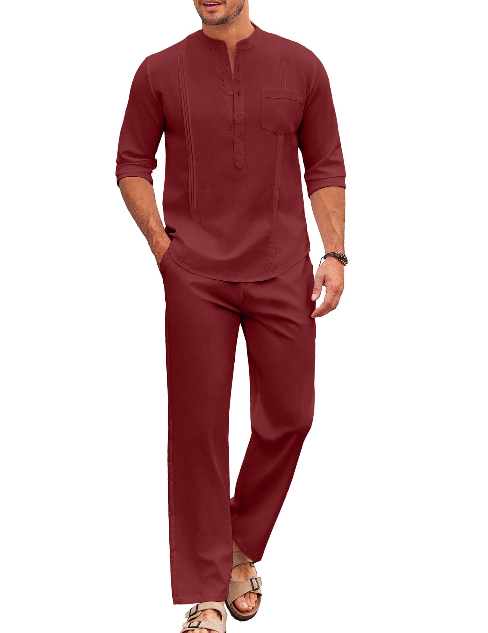 COOFANDY Men's 2 Piece Cotton Sets Casual Long Sleeve Cuban Henley Shirt and Loose Pants Set Beach Vacation Outfits