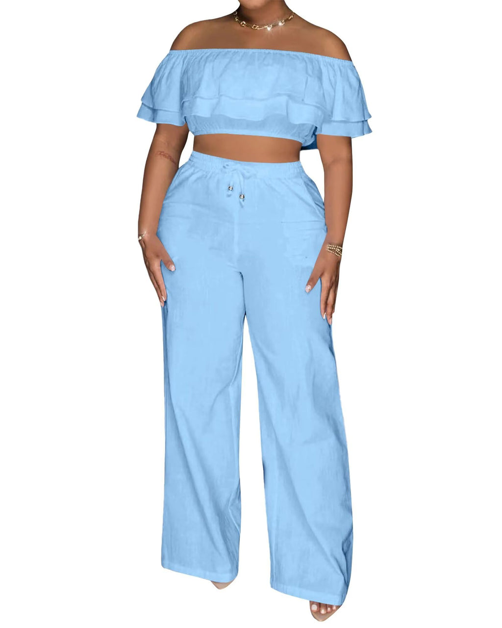 Adogirl 2 Piece Outfits for Women Ruffle Trim Crop Top Wide Leg Pants Set | 2 Piece Sets, Outfit for Women, Off Shoulder, Short Sleeve, Wide Leg Pants with Pockets, Sexy Outfits, Vacation Outfits