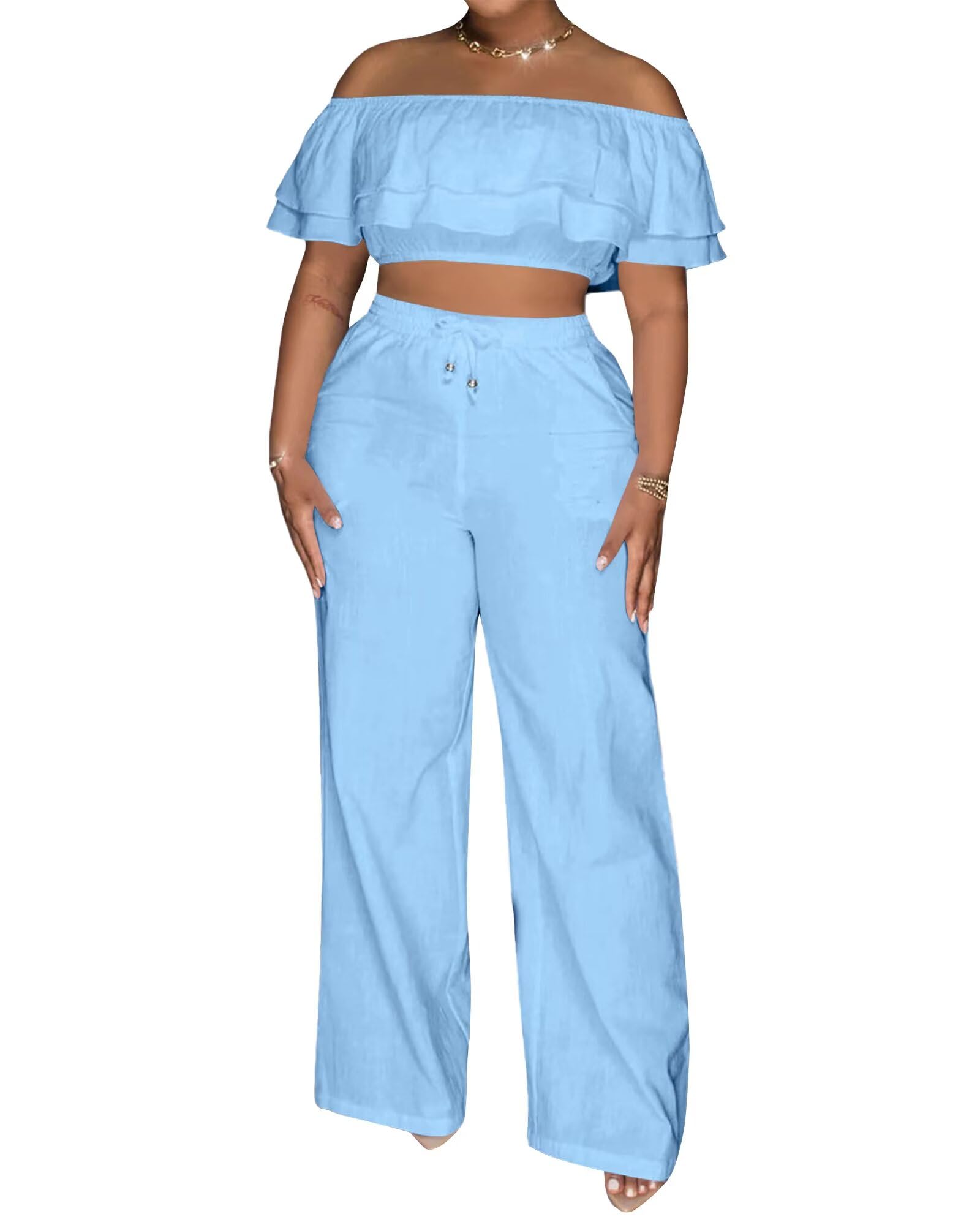 Adogirl 2 Piece Outfits for Women Ruffle Trim Crop Top Wide Leg Pants Set | 2 Piece Sets, Outfit for Women, Off Shoulder, Short Sleeve, Wide Leg Pants with Pockets, Sexy Outfits, Vacation Outfits
