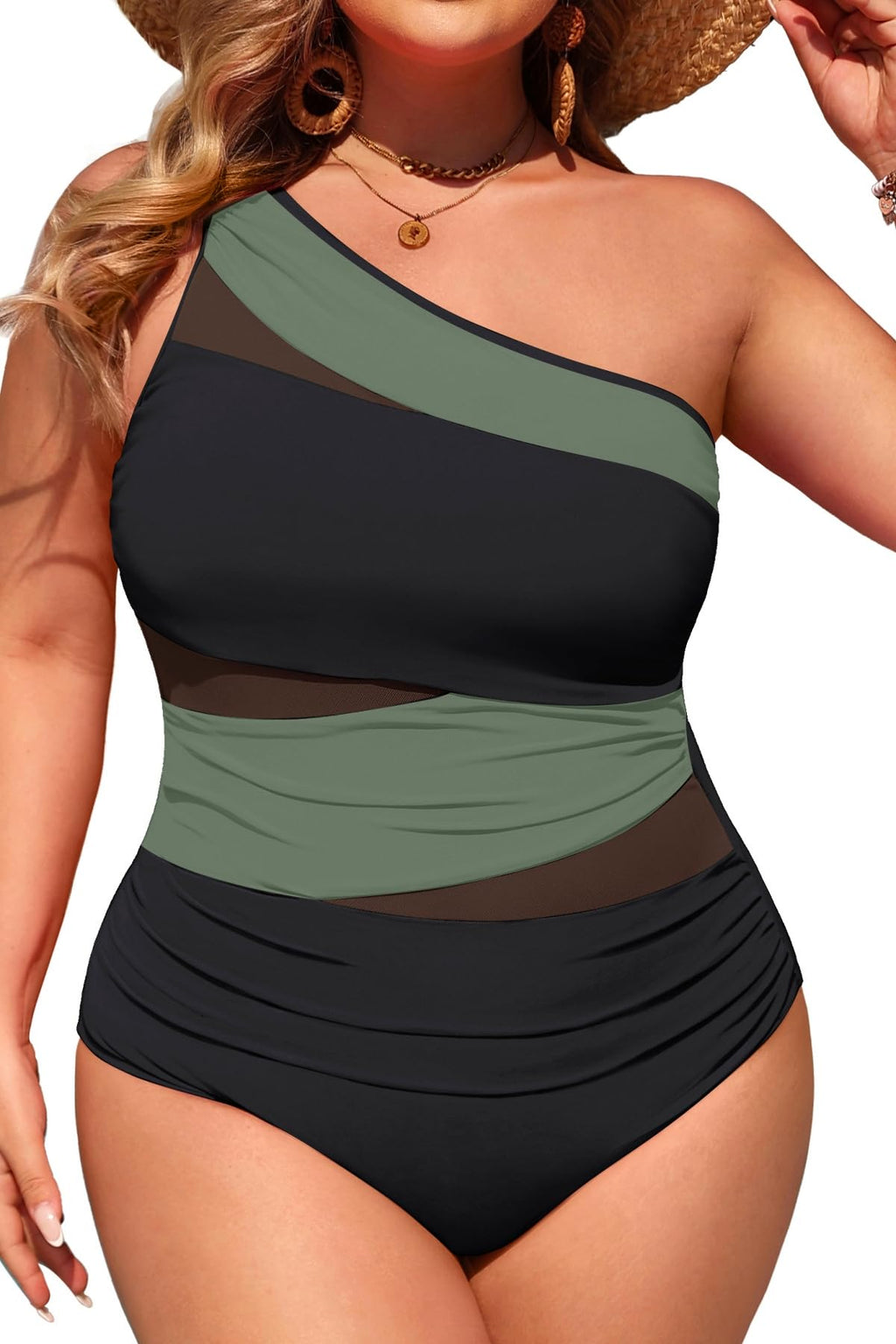 Plus Size One Piece Swimsuit for Women - One Shoulder Bathing Suit | Removable and Adjustable Strap, Detachable pads, Flatter midsection via front mesh, Drape diagonal folds to hide bulk
