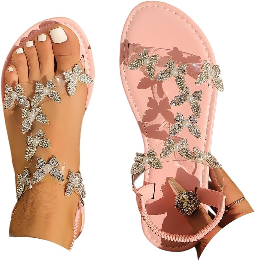Women's Butterfly Rhinestone Flat Sandals Glitter Sparkly Bling Strappy Open Toe Elegant Transparent Elastic Strap Gladiator Sandals for Dressy Summer Wedding Bridal Prom Travel Daily Wear