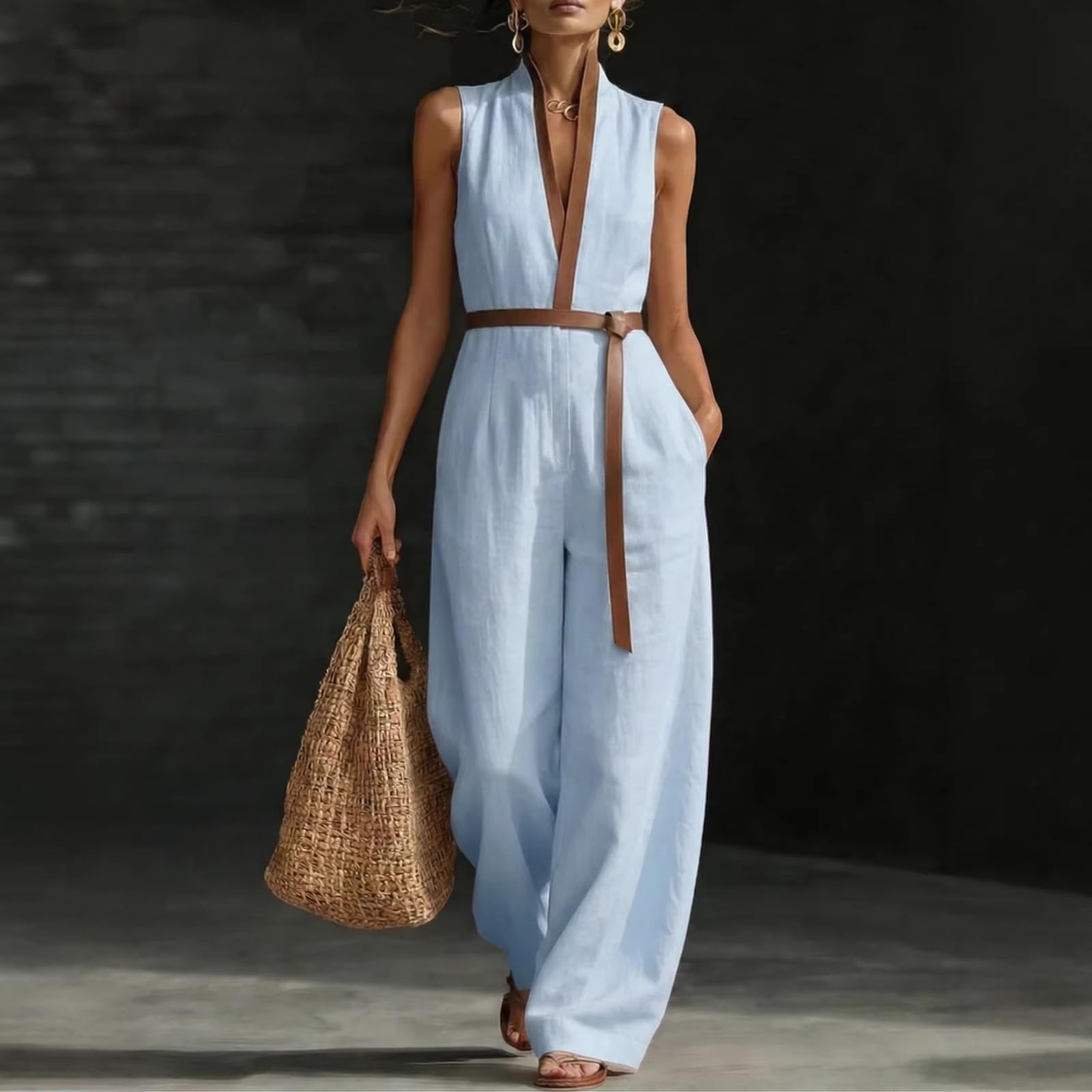 Women's Stand Up Collar Sleeveless Casual Loose Cotton and Linen Color Block Dress Casual Loose Beach Vacation Summer Dress