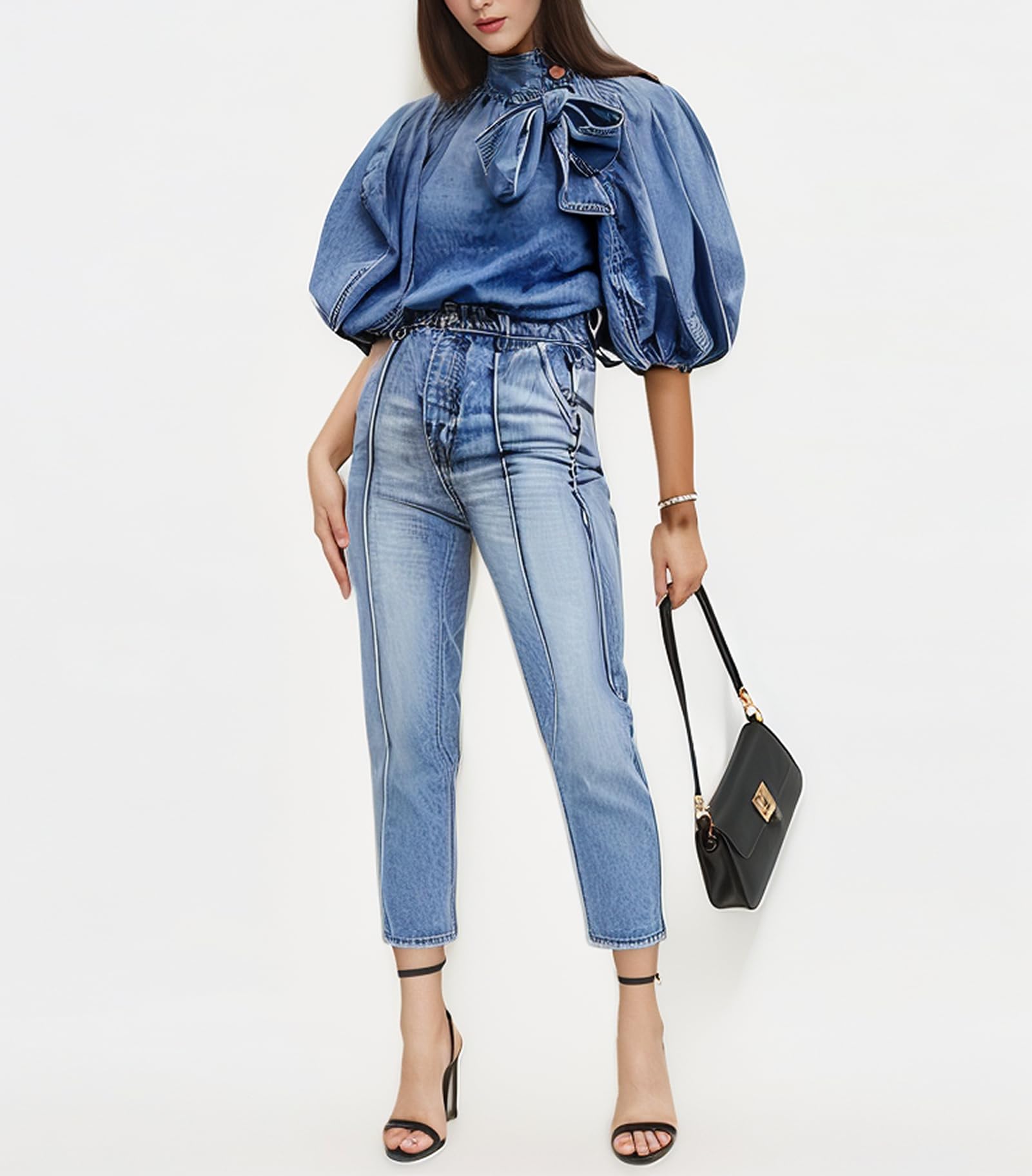 Women's Bow Design Denim Pullover Top Button Up High Neck Fashionable Jacket with Elastic and Puff Sleeves