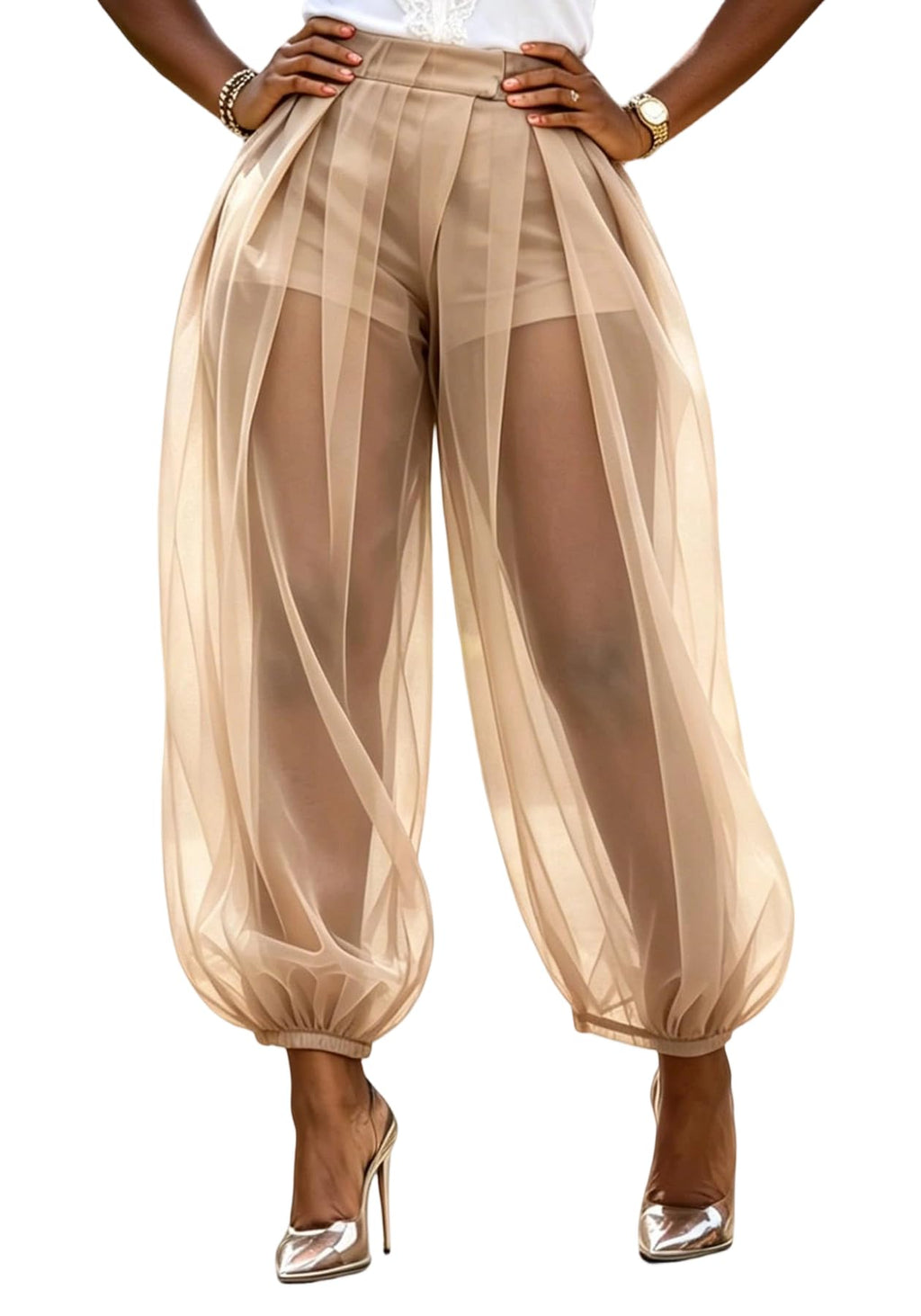 Molisry Women Sheer Mesh Pants Bubble Tulle Patchwork Pants Balloon Trouser | Loose Fit Cover Up Trousers,Built In Shorts Lining