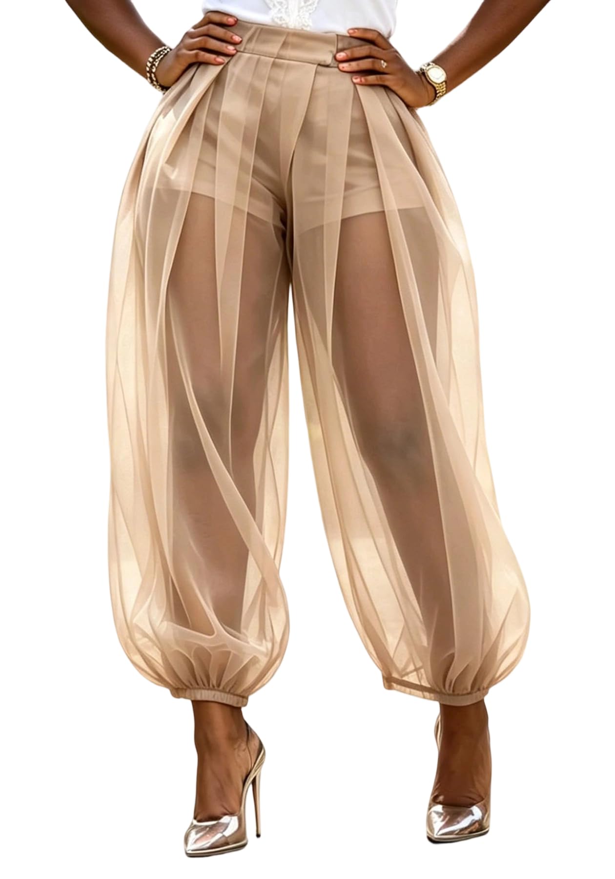 Molisry Women Sheer Mesh Pants Bubble Tulle Patchwork Pants Balloon Trouser | Loose Fit Cover Up Trousers,Built In Shorts Lining