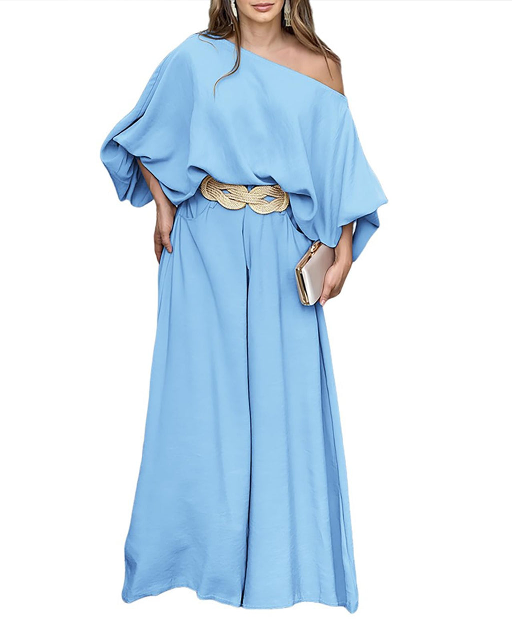 CHICME Women 2 Piece Summer Outfit Off Shoulder Flowy Wide Leg Pants Set | Off Shoulder, Lantern Sleeve Matching Set, 2 Piece Sets for Women Dressy, Vacation Travel Airport Outfits