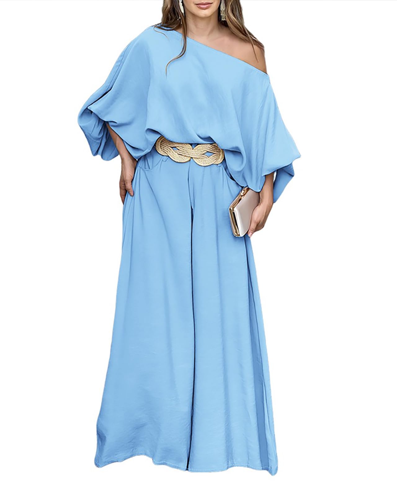 CHICME Women 2 Piece Summer Outfit Off Shoulder Flowy Wide Leg Pants Set | Off Shoulder, Lantern Sleeve Matching Set, 2 Piece Sets for Women Dressy, Vacation Travel Airport Outfits