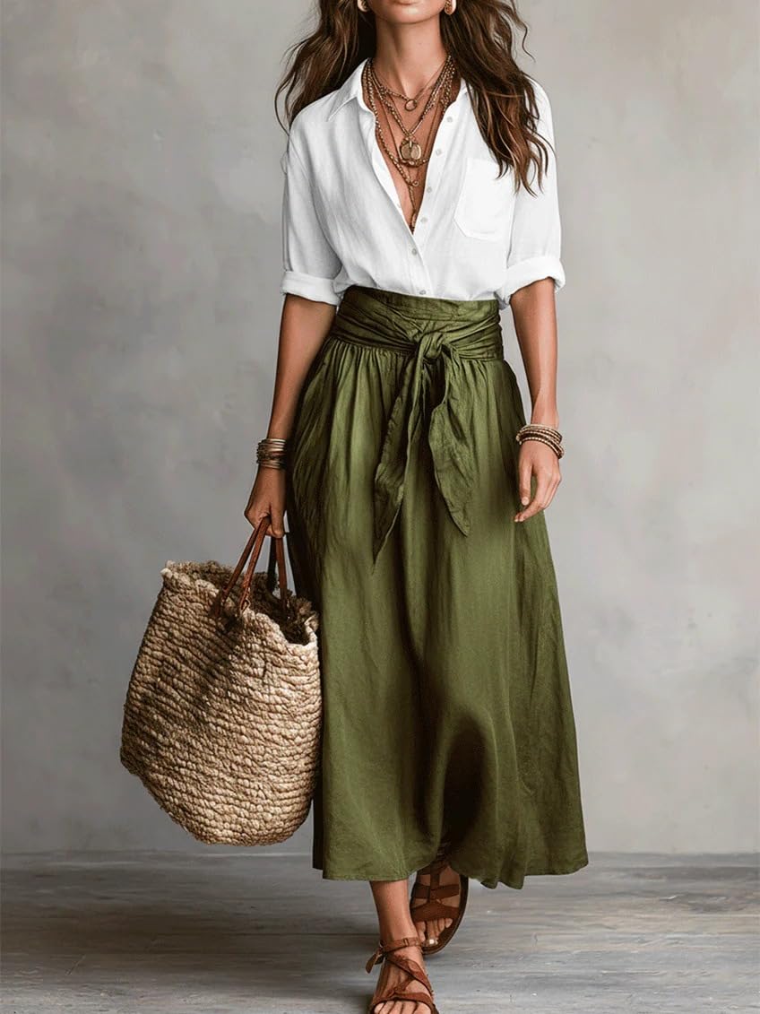 Women Boho Contrast 2 Piece Outfit, Long Sleeve Button Down Shirt & Tie Waist Flowy Midi Skirt Casual Vacation Set