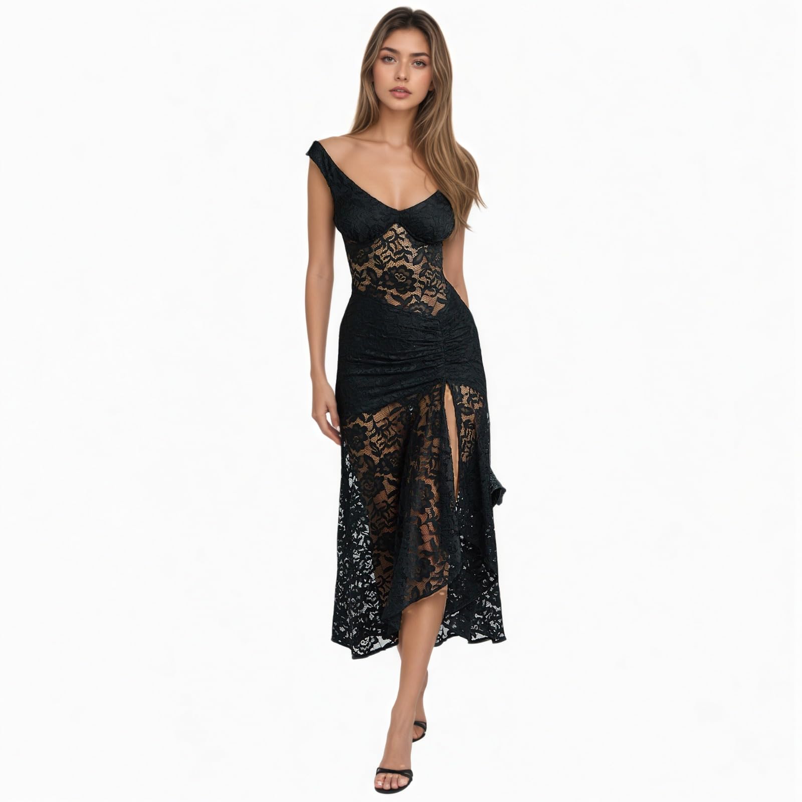 OCUH Black Lace Dress Sheer Maxi Dresses Sexy Outfit for Women Going Out High Slit Skirt Bodycon Vacation Party Wear