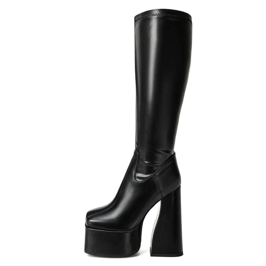 LanreyTaley Elastic Women Knee High Boots Platform Chunky Heel Tall Boots Suede Dress Boots Side Zipper Stretch Boots Fall