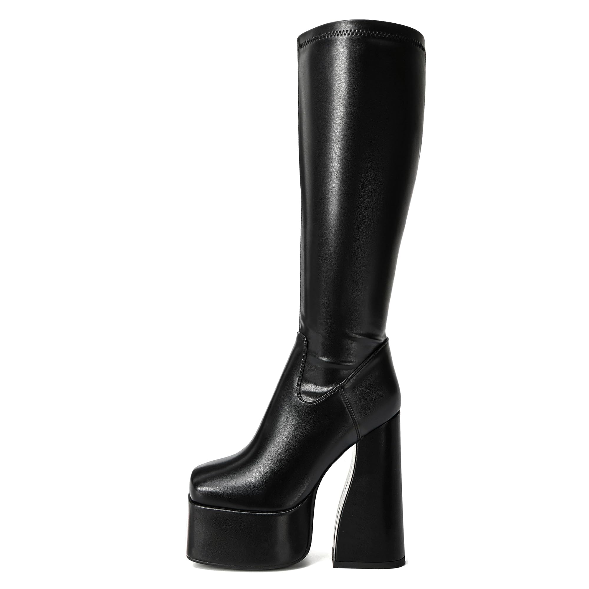 LanreyTaley Elastic Women Knee High Boots Platform Chunky Heel Tall Boots Suede Dress Boots Side Zipper Stretch Boots Fall