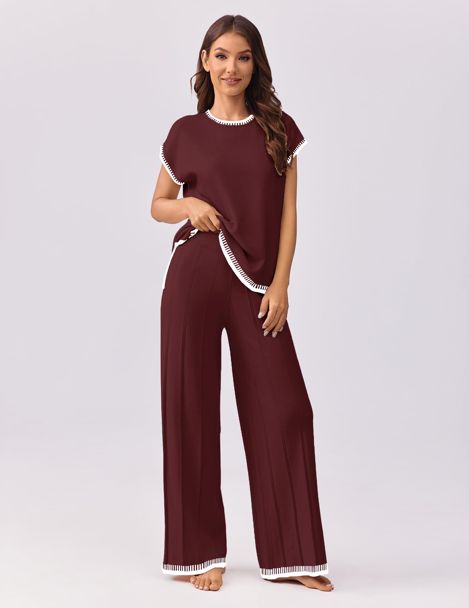 Ekouaer Womens Matching Sets Knit Sweater Sets 2 Pieces Lounge Set | Pullover Tops Wide Legs Pants Casual Outfits