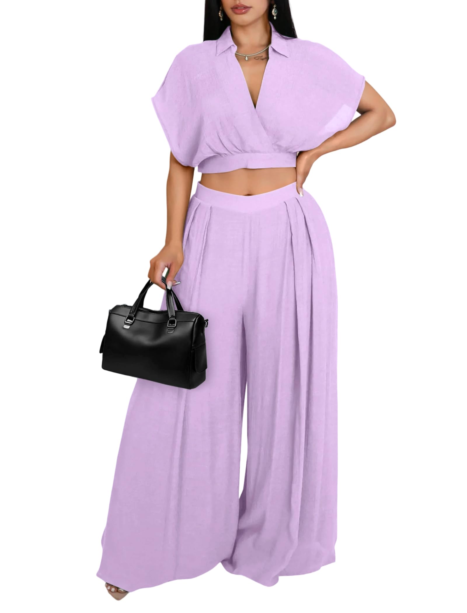 Ekaliy Women Two Piece Crop Top Flowy Wide Leg Pants Set Summer Outfits | Lightweight breathable fabric,batwing V-neck crop top,elastic waist wide leg lined pants with pockets for casual wear.
