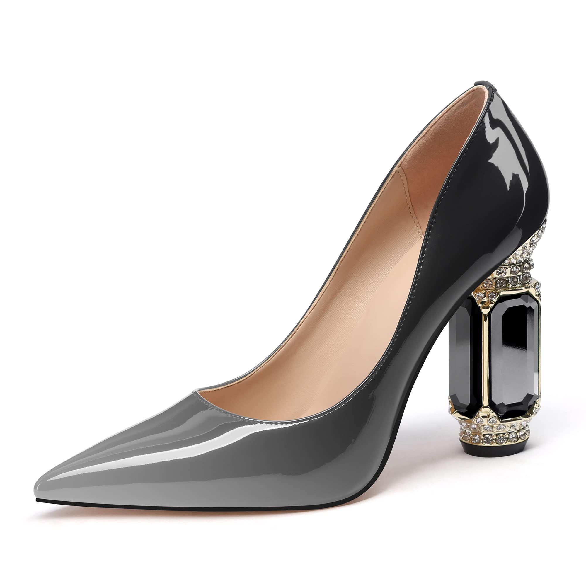 JANSEVEN Women Chunky Heels Pumps Crystal Block Heels with Rhinestones Pointed Toe Sexy Gradient Patent Leather Slip on Bridal Party Wedding Dress Shoes 5-13 M US