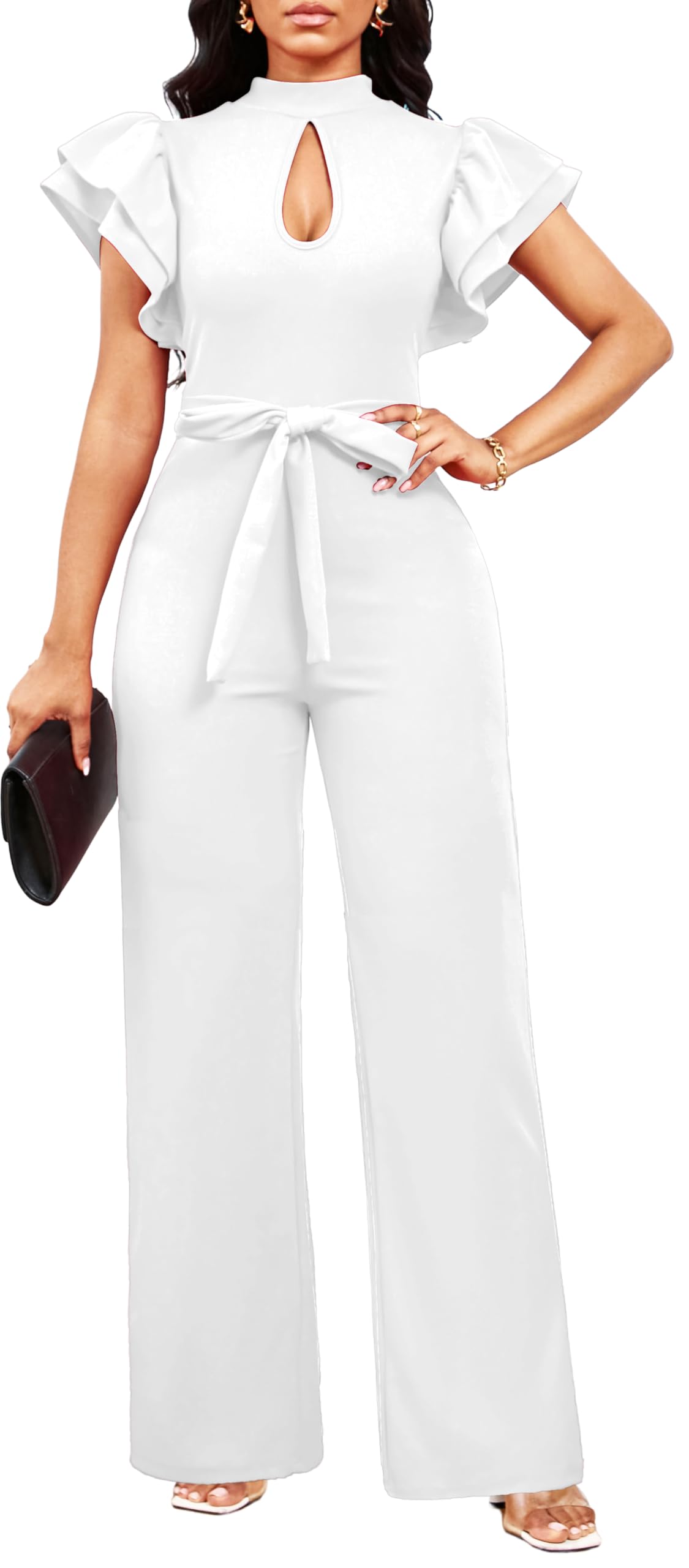 SxClub Jumpsuits for Women Dressy Formal Ruffle Long Straight Pants Jumpers | Women's Wedding Guest Jumpsuit Casual Ruffles Cap Short Sleeve Wide Leg Pants Club Outfit