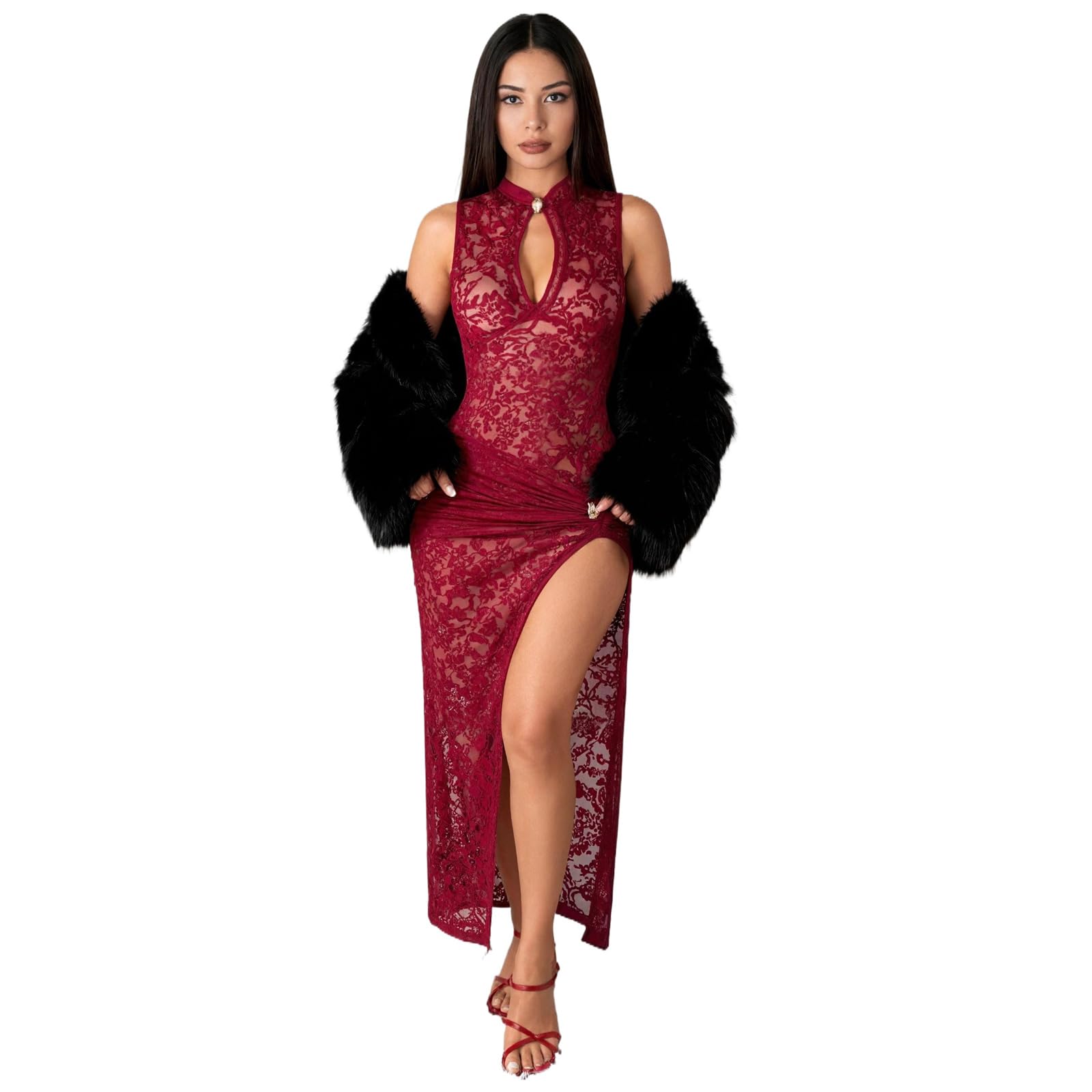 OCUH Black Lace Dress Sheer Maxi Dresses Sexy Outfit for Women Going Out High Slit Skirt Bodycon Vacation Party Wear