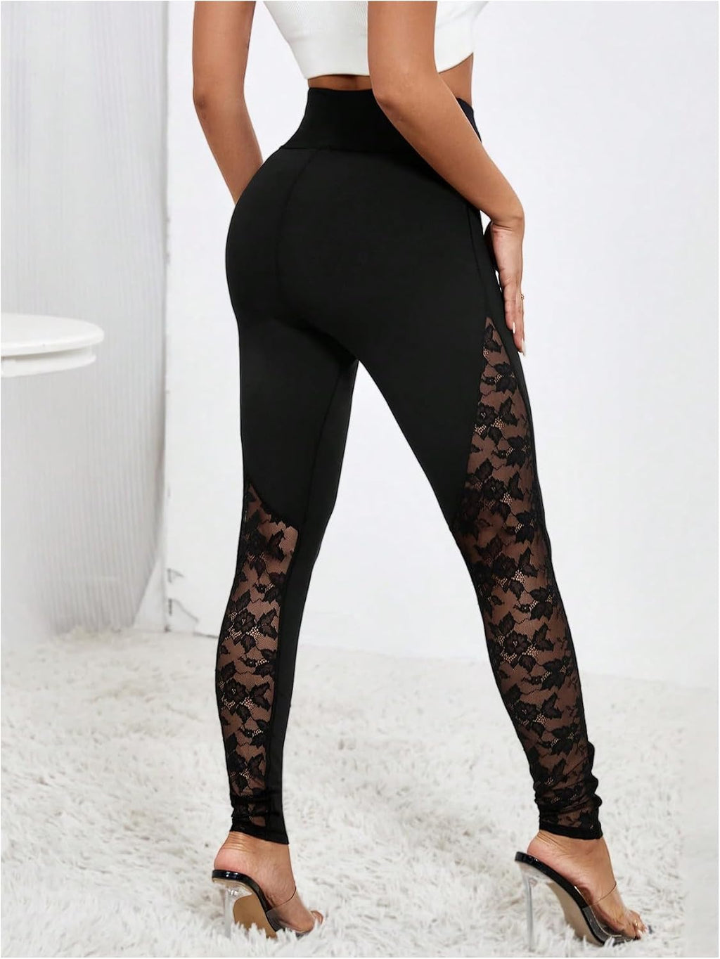 RoseSeek Women's Floral Lace High Waited Leggings See Through Club Outfits | Sexy Leggings for Women, Tummy Control, Skinny, Lace Pants, Concert Outfits Women
