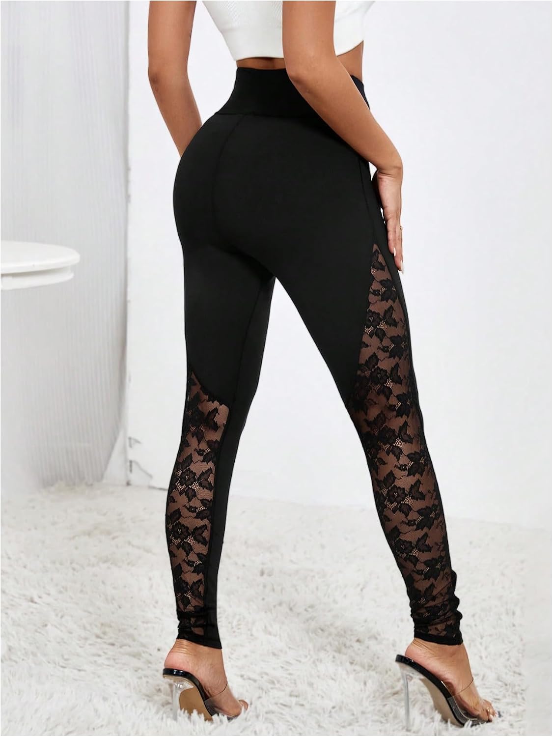 RoseSeek Women's Floral Lace High Waited Leggings See Through Club Outfits | Sexy Leggings for Women, Tummy Control, Skinny, Lace Pants, Concert Outfits Women