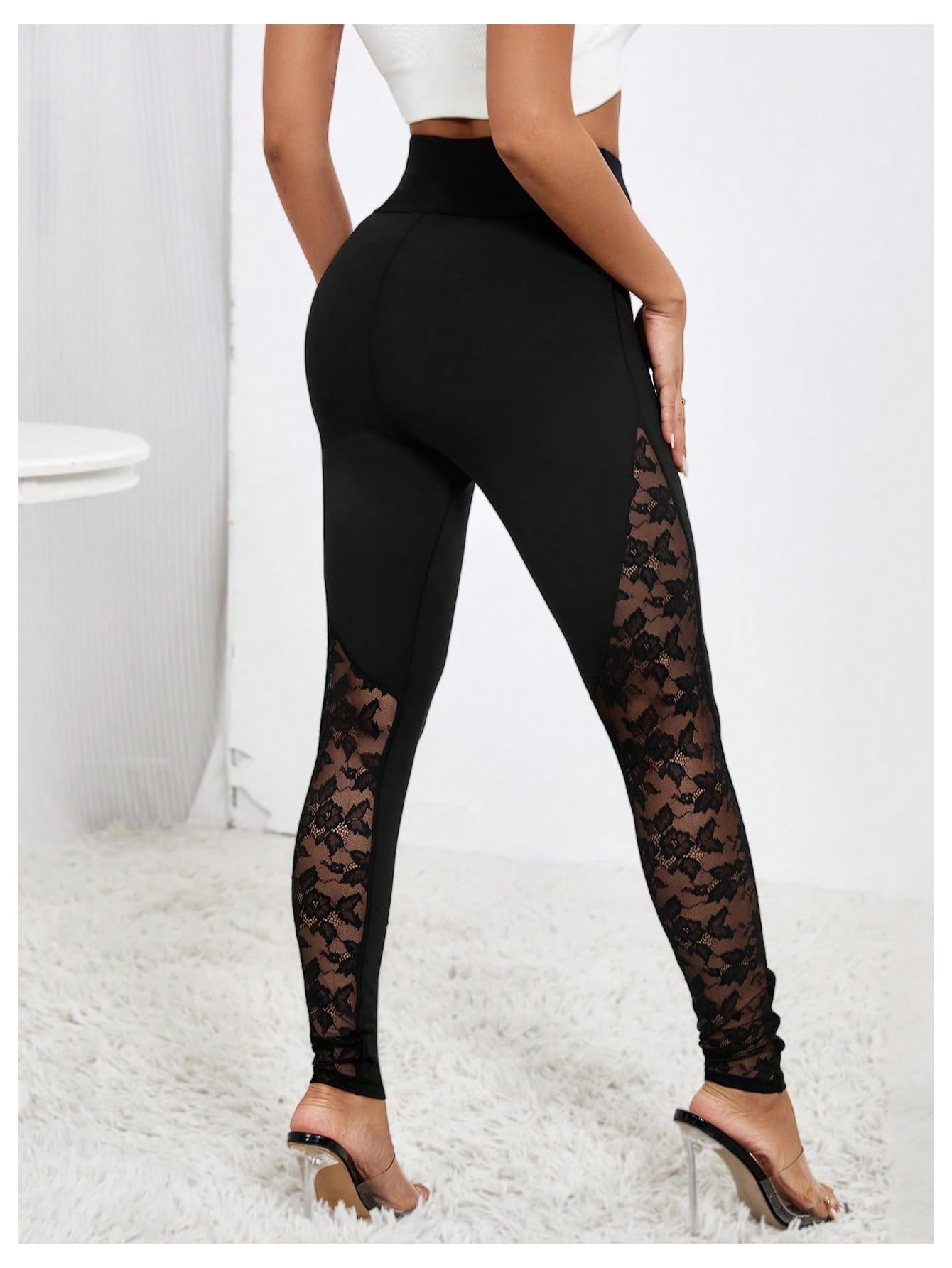 RoseSeek Women's Floral Lace High Waited Leggings See Through Club Outfits | Sexy Leggings for Women, Tummy Control, Skinny, Lace Pants, Concert Outfits Women