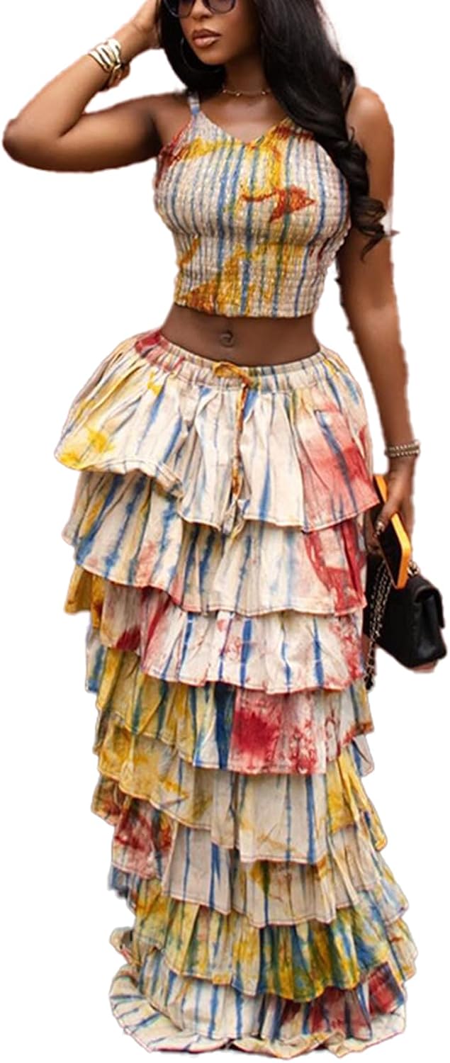 2 Piece Skirt Set Spaghetti Strap Crop Top Tiered Ruffle Maxi Skirt Vacation Outfits for Women