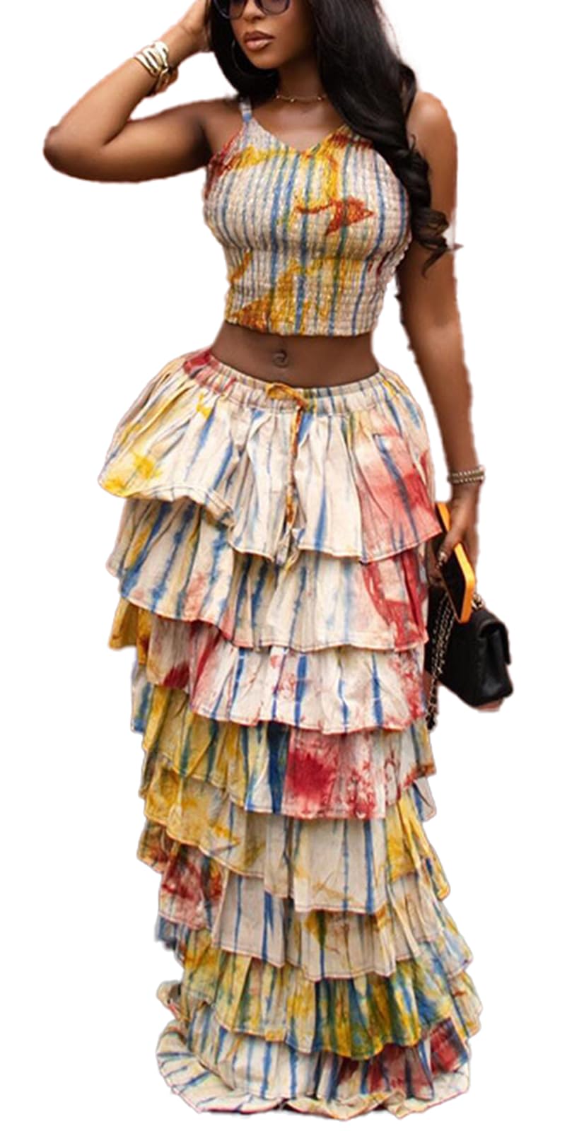 2 Piece Skirt Set Spaghetti Strap Crop Top Tiered Ruffle Maxi Skirt Vacation Outfits for Women