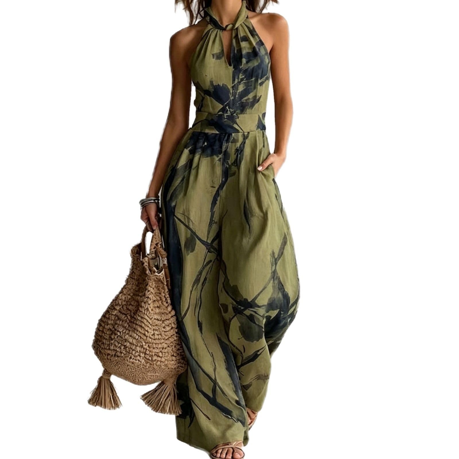 Backless Rompers for Women Casual Ink Printed Sleeveless High Waist Wide Leg Jumpsuit Sexy Halter Boho Vacation Party Outfits