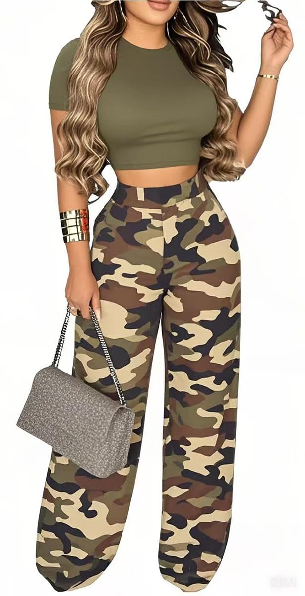 2 Piece Outfits for Women Short Sleeve Crop Top High Waist Wide Leg Long Pant Sets Tracksuit Sport Set