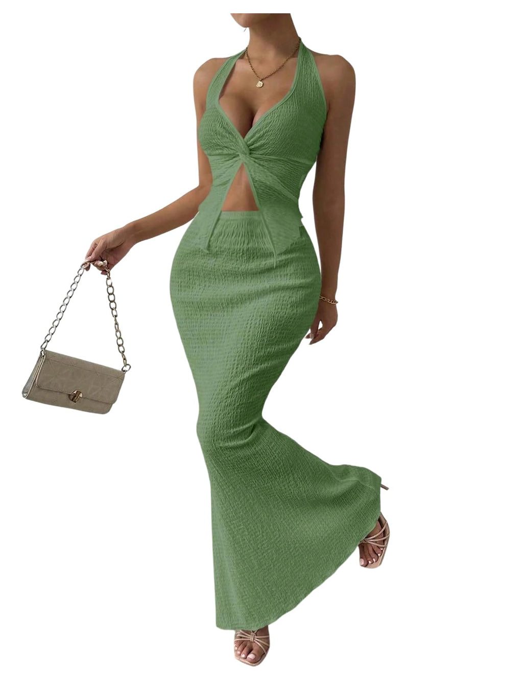 SOLY HUX Women's 2 Piece Outfit Twist Front Halter Cami Skirt Summer Set | Summer Vacation Outfits, Maxi Skirt Set