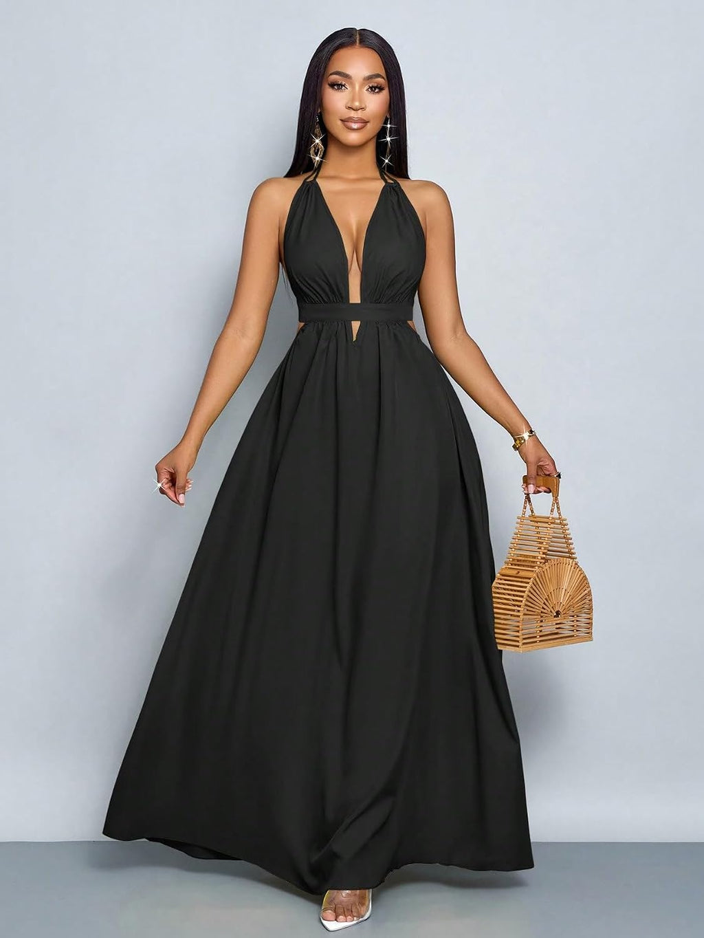 SKAYS Women's Summer Backless Tie-Waist Dress Solid Color Sexy V-Neck Beach Vacation Maxi Dress Formal Party Dress