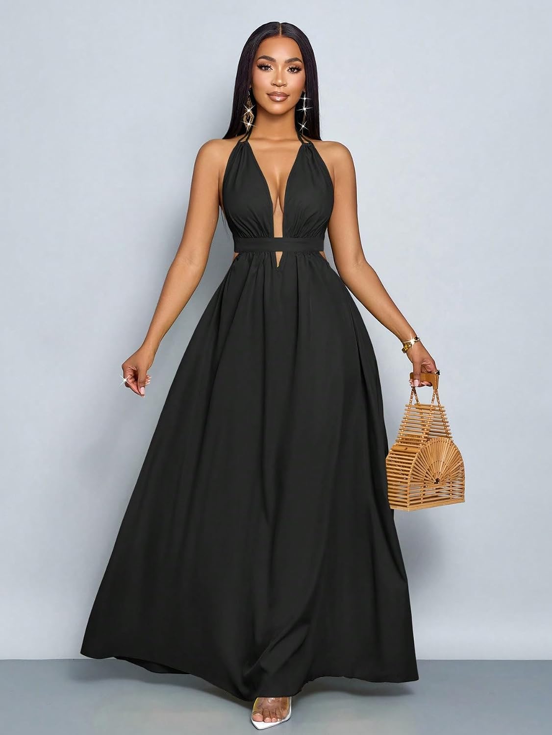 SKAYS Women's Summer Backless Tie-Waist Dress Solid Color Sexy V-Neck Beach Vacation Maxi Dress Formal Party Dress