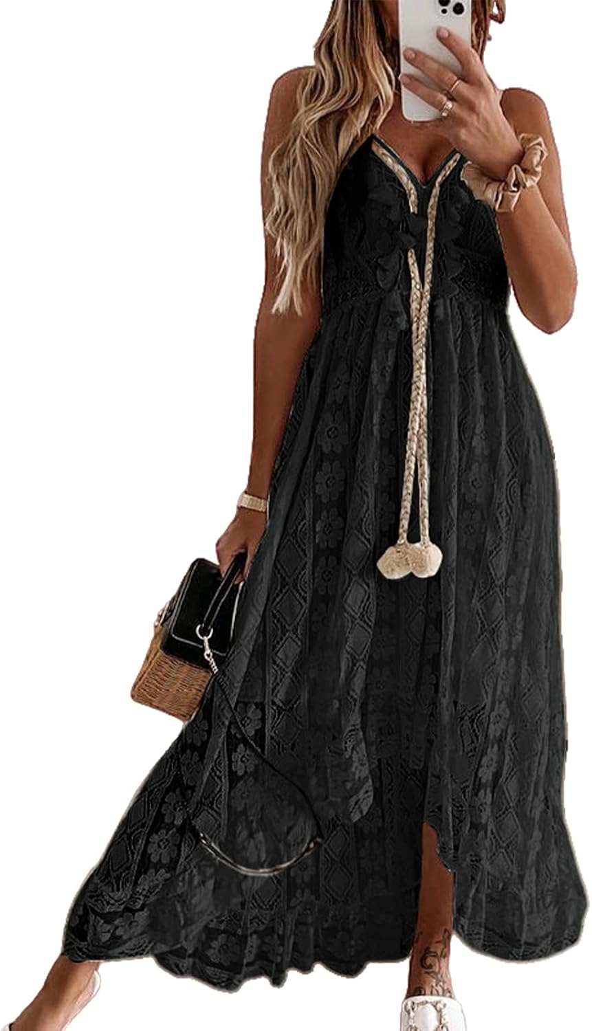 CUPSHE Womens Lace Summer Maxi Dresses 2026 Beach Wear | V Neck Spaghetti Straps Sundress, Tassel, Boho Pom Poms, Flowy Vacation Outfits, Resort Wear, Graduation Wedding Guest Looks