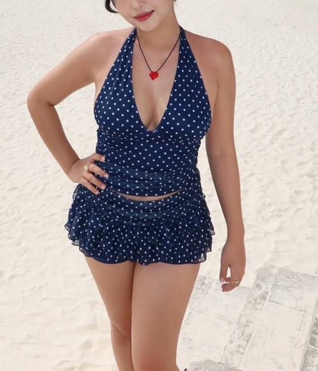 Women Summer Polka Dot Set Halter Mini Tiered Skirt Set | Built in shorts, Ruched Waist, Tiered Ruffle, Mesh outer layer, ideal for going out, vacation, birthday, night out