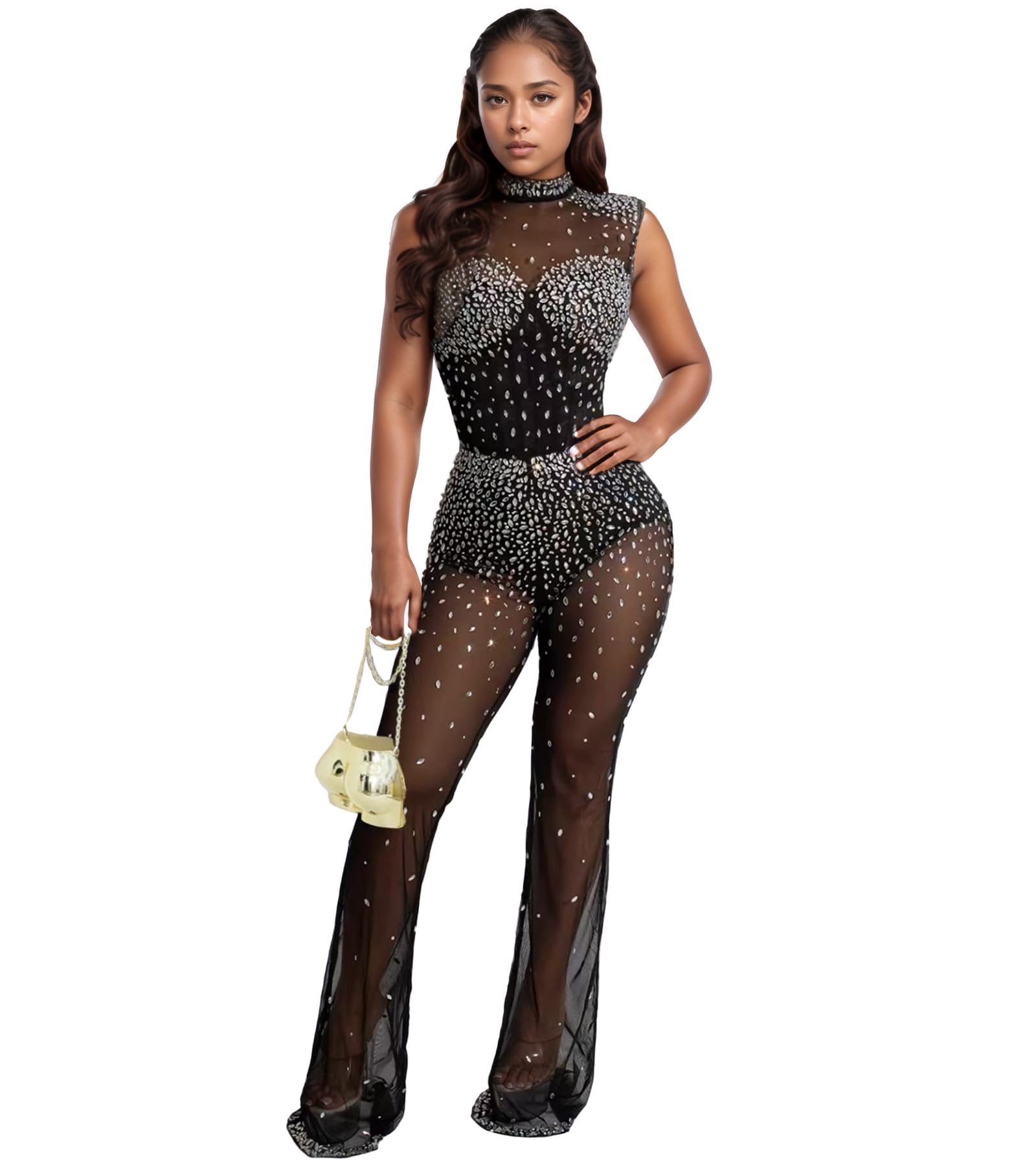PORRCEY Sexy Rhinestone Jumpsuit for Women Mesh See Through Romper Clubwear
