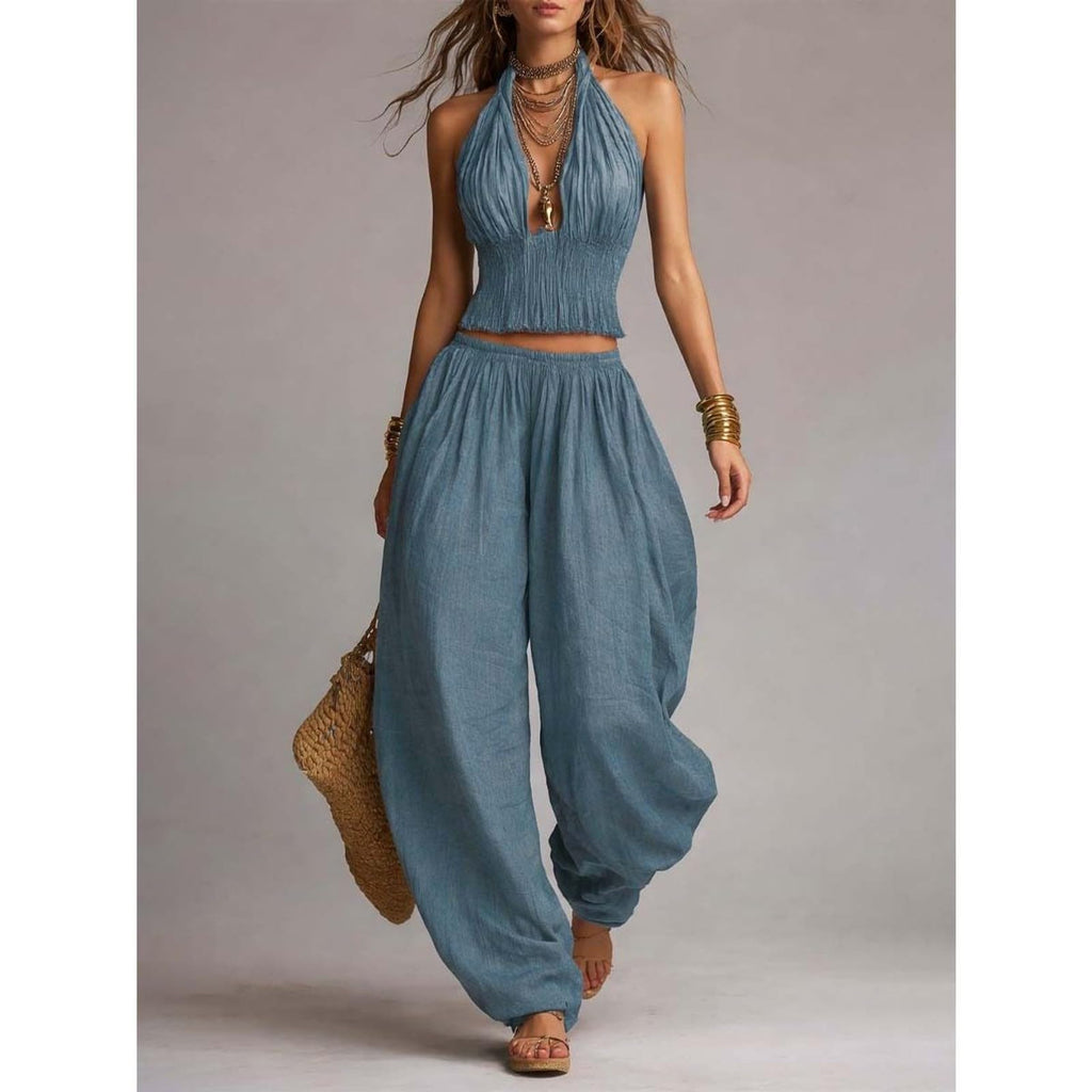 2 Piece Outfit for Women Sleeveless Crop Top and Wide Leg Pants Set Summer Loose Smocked Casual Beach Matching Sets