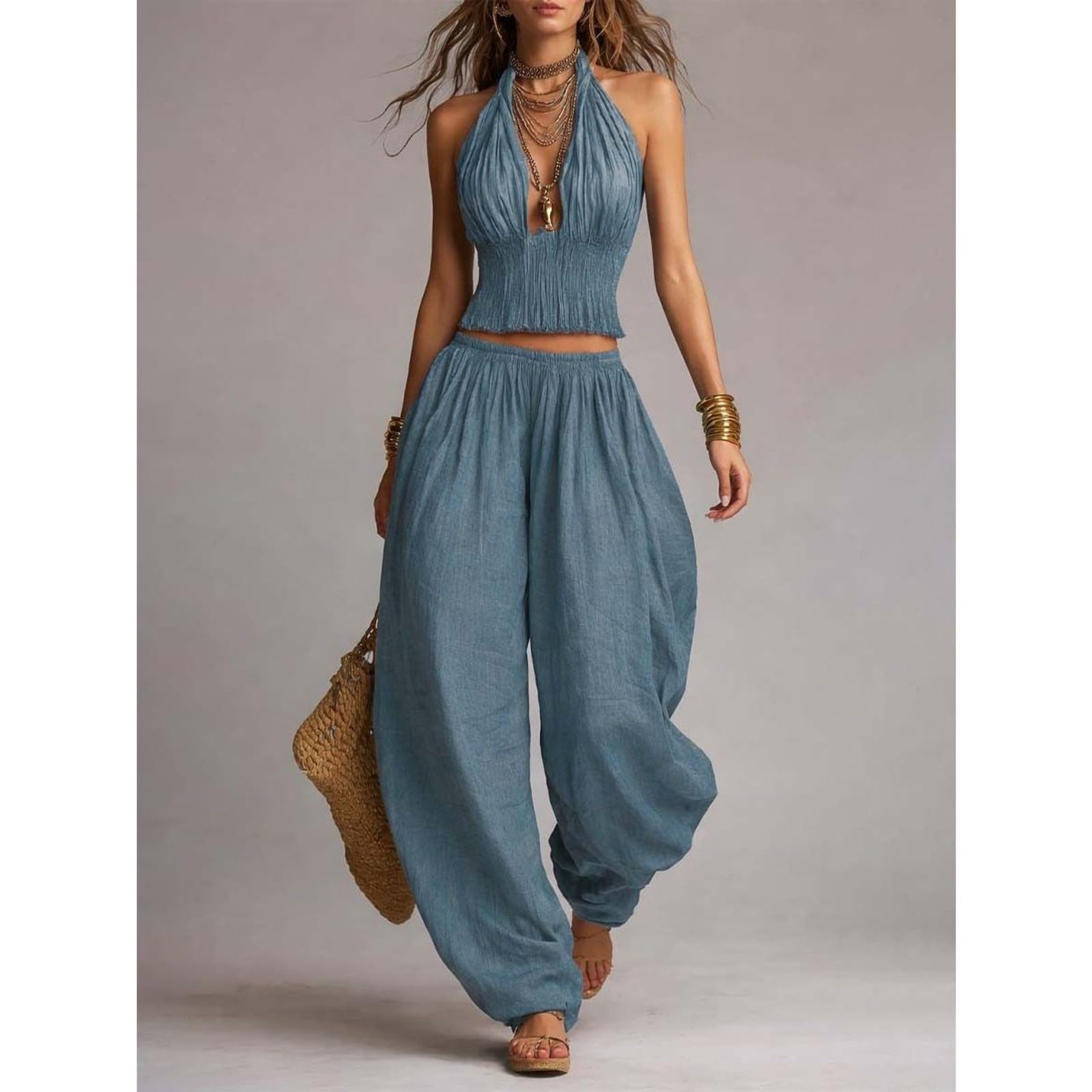 2 Piece Outfit for Women Sleeveless Crop Top and Wide Leg Pants Set Summer Loose Smocked Casual Beach Matching Sets