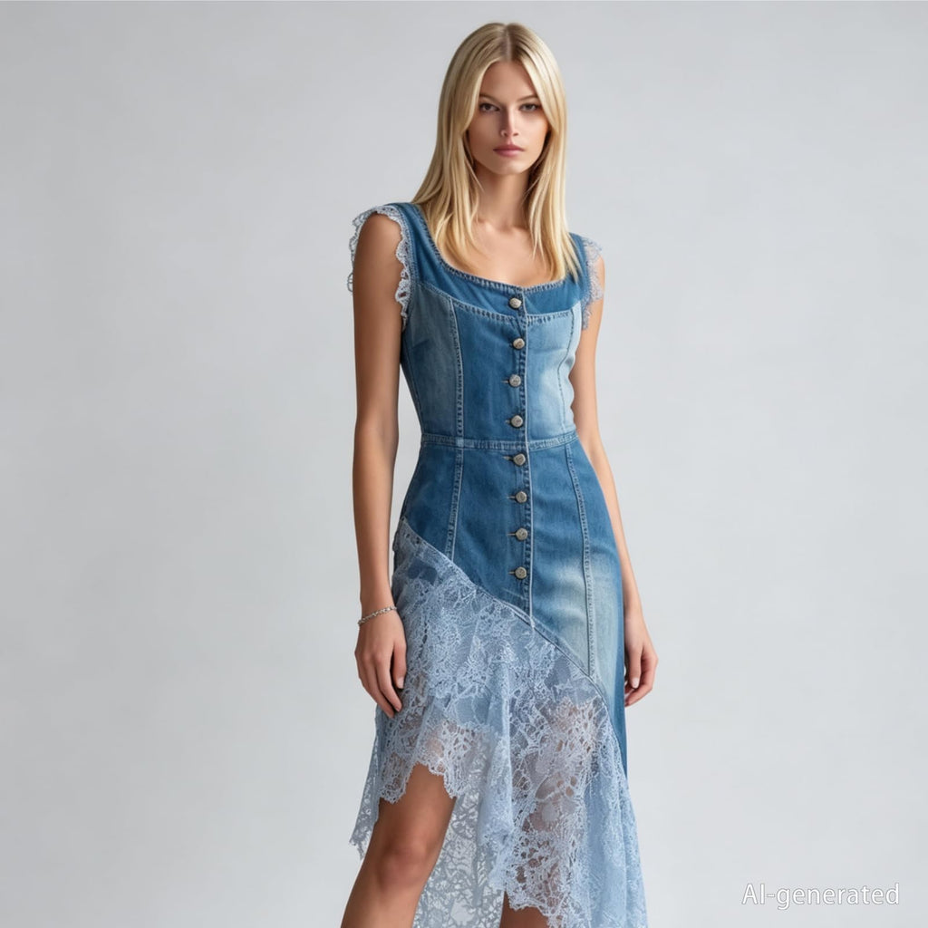 Women's Washed Faux Denim Patchwork Maxi Dress with Sheer Layered Skirt Hem Swing Ruffle Jean Dress for Casual Vacations