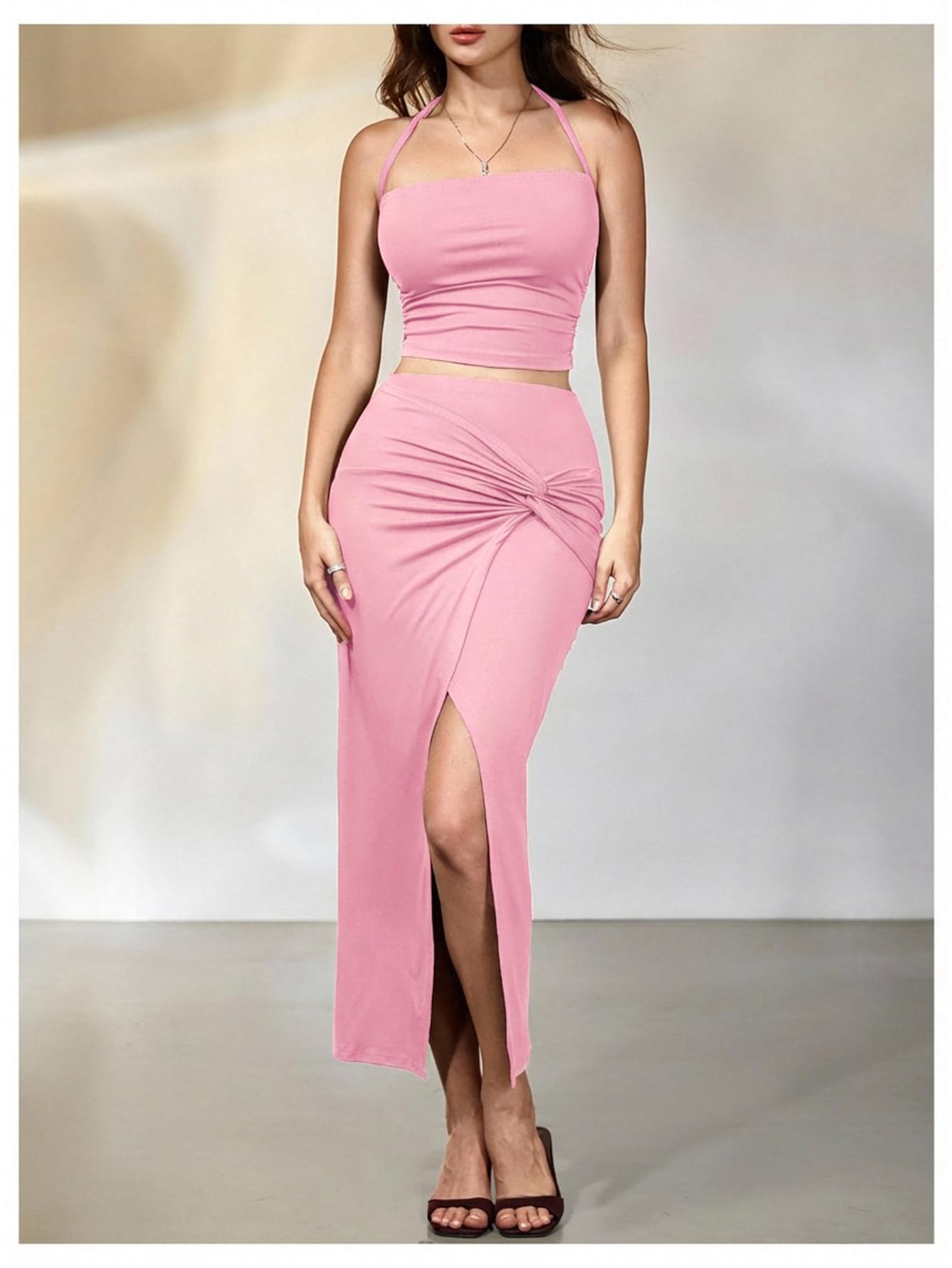 Verdusa Women's 2 Piece Set Summer Vacation Outfits Going Out Matching Set | Ruched Crop Halter Top, Asymmetrical Slit Long Skirt, Two Piece Skirt Set for Women, Summer Sets
