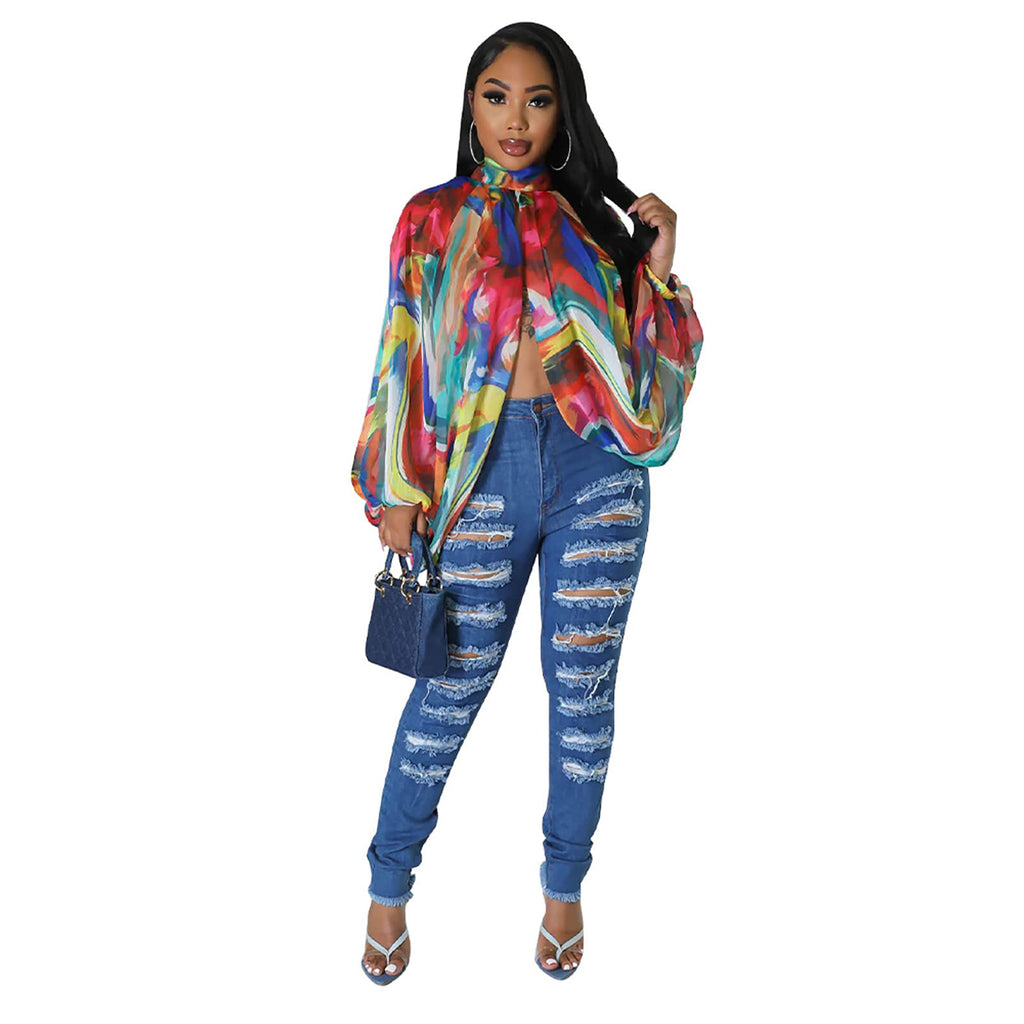 acelyn Women's Sexy See Through Chiffon Sheer Blouses Tops | Lantern Sleeve, Front Back Open, High Neck, Self Tie, Shawl Casual Shirts,Blouses Tops