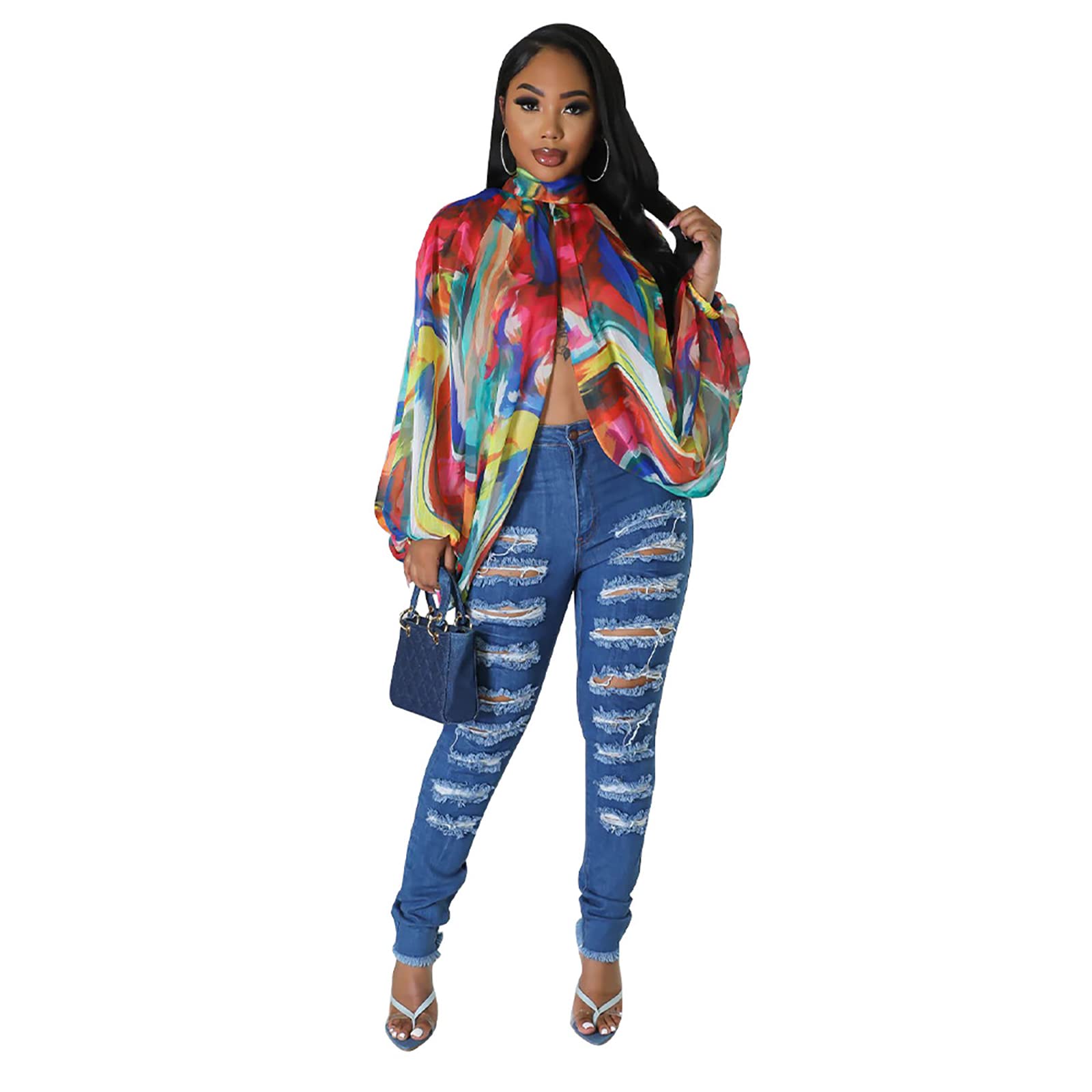 acelyn Women's Sexy See Through Chiffon Sheer Blouses Tops | Lantern Sleeve, Front Back Open, High Neck, Self Tie, Shawl Casual Shirts,Blouses Tops