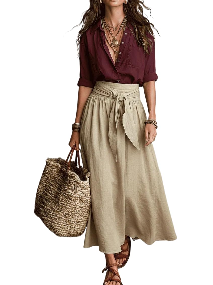 Women Boho Contrast 2 Piece Outfit, Long Sleeve Button Down Shirt & Tie Waist Flowy Midi Skirt Casual Vacation Set
