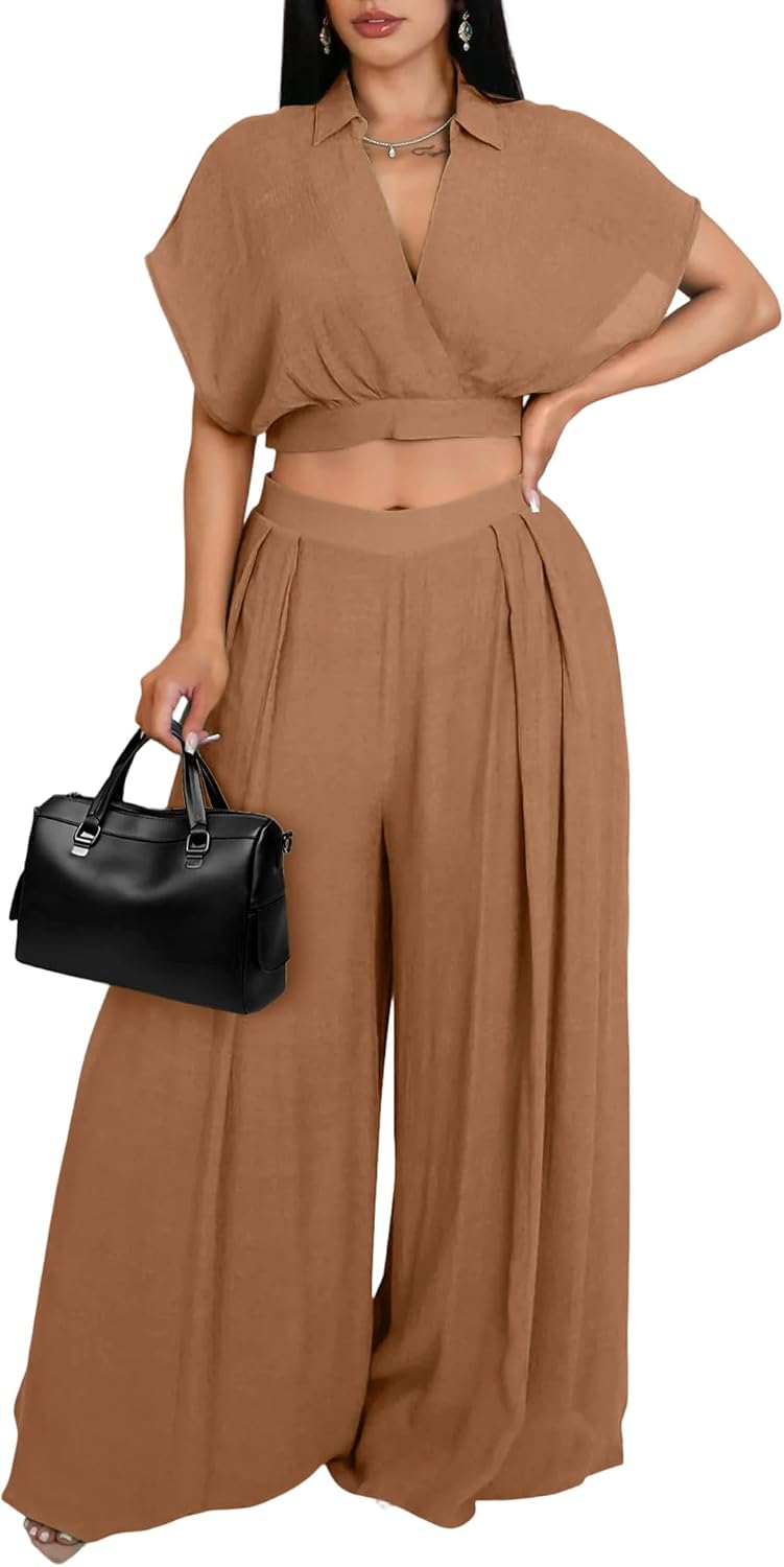 Ekaliy Women Two Piece Crop Top Flowy Wide Leg Pants Set Summer Outfits | Lightweight breathable fabric,batwing V-neck crop top,elastic waist wide leg lined pants with pockets for casual wear.