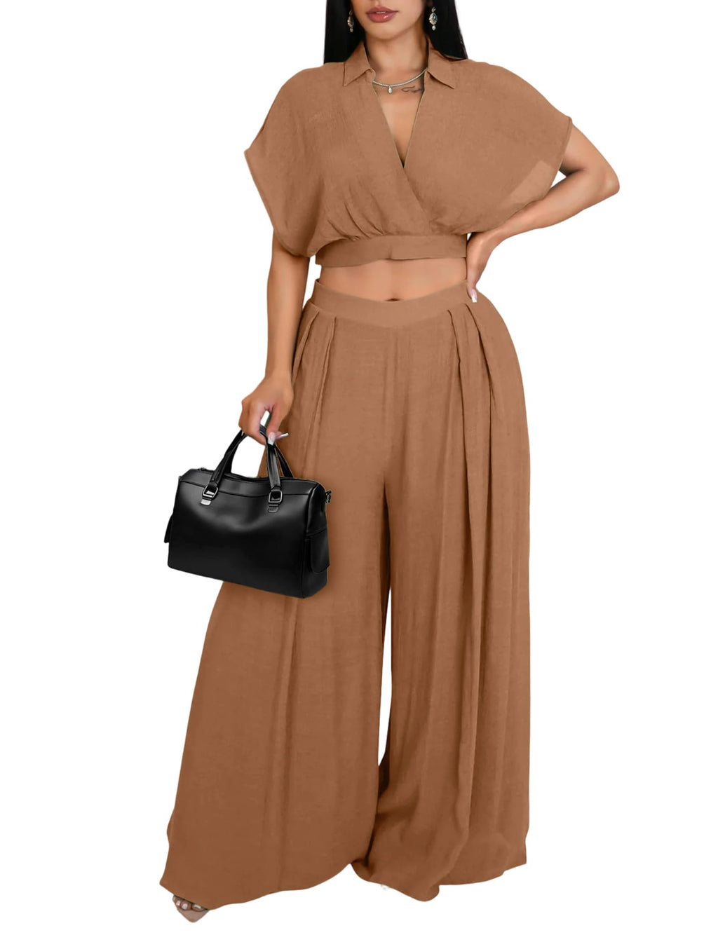 Ekaliy Women Two Piece Crop Top Flowy Wide Leg Pants Set Summer Outfits | Lightweight breathable fabric,batwing V-neck crop top,elastic waist wide leg lined pants with pockets for casual wear.