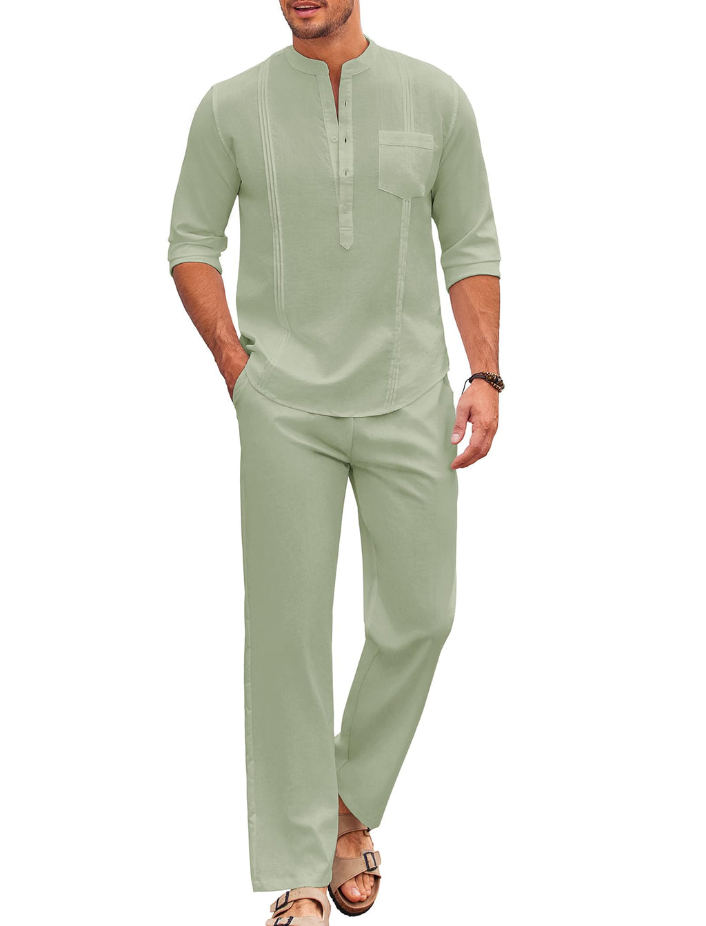 COOFANDY Men's 2 Piece Cotton Sets Casual Long Sleeve Cuban Henley Shirt and Loose Pants Set Beach Vacation Outfits