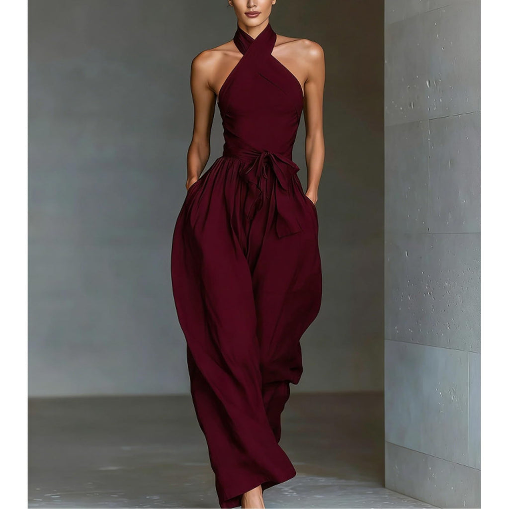 Backless Rompers for Women Casual Ink Printed Sleeveless High Waist Wide Leg Jumpsuit Sexy Halter Boho Vacation Party Outfits