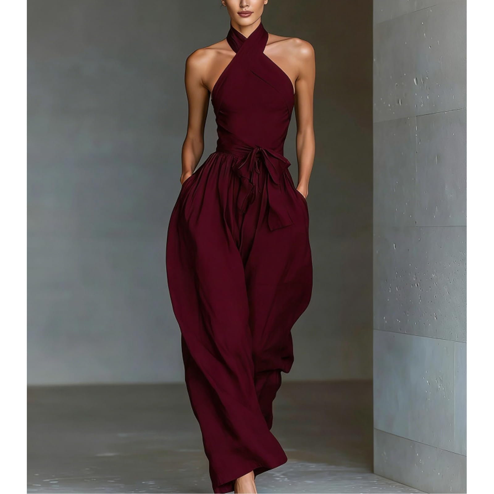 Backless Rompers for Women Casual Ink Printed Sleeveless High Waist Wide Leg Jumpsuit Sexy Halter Boho Vacation Party Outfits