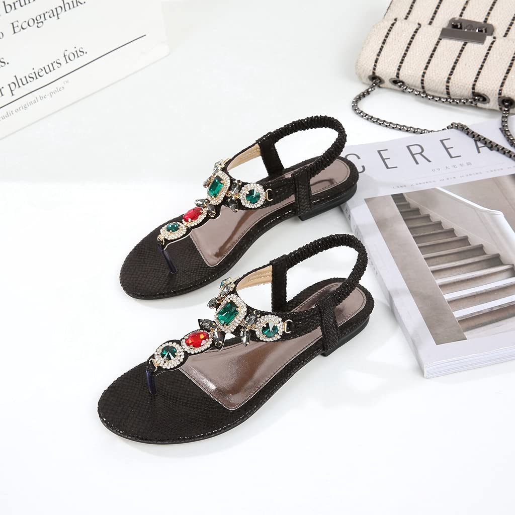 MIOKE Women's Bohemia Bling Jeweled Flat Sandals T-strap Clip Toe Cutout Slingback Summer Beach Flipflops