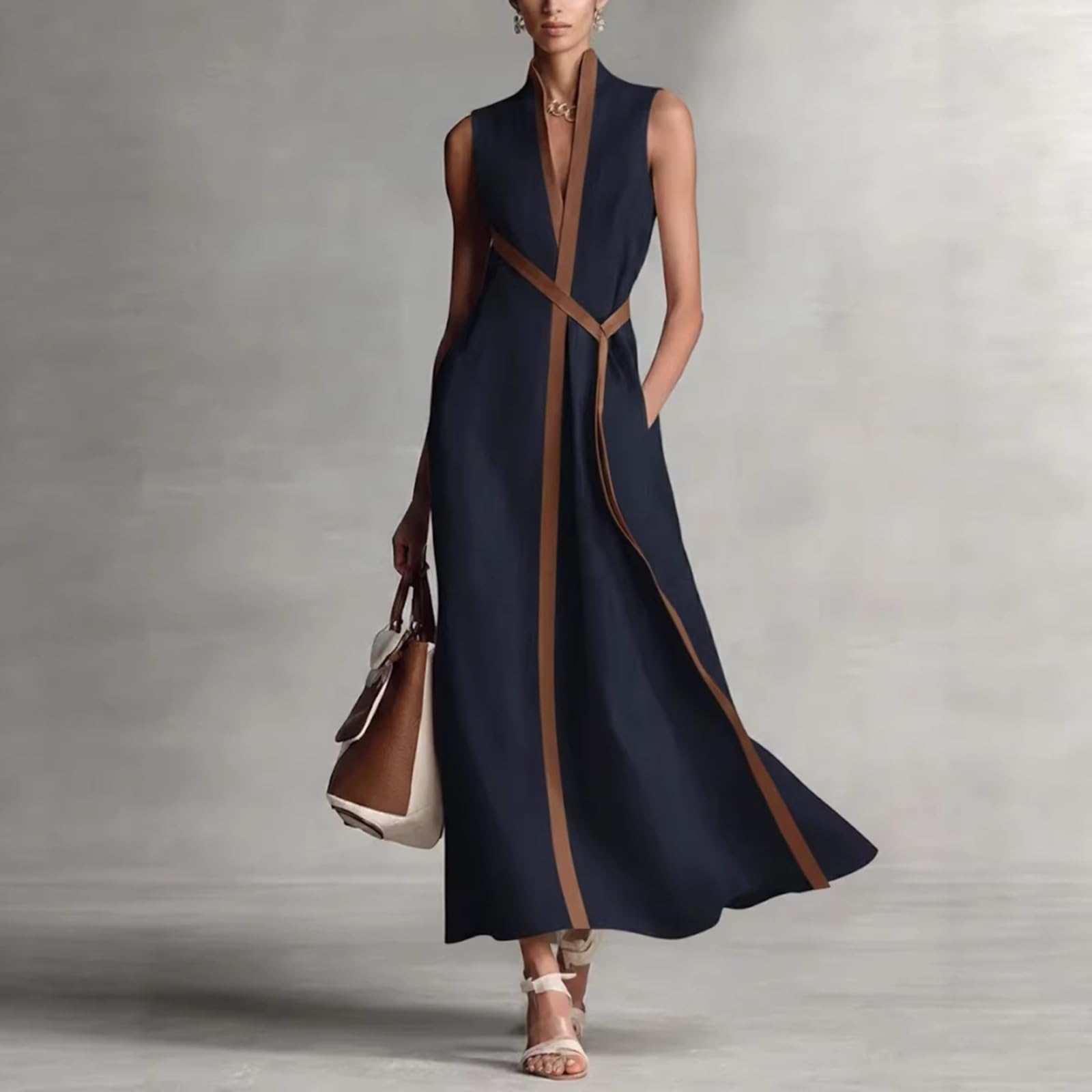 Women's Stand Up Collar Sleeveless Casual Loose Cotton and Linen Color Block Dress Casual Loose Beach Vacation Summer Dress