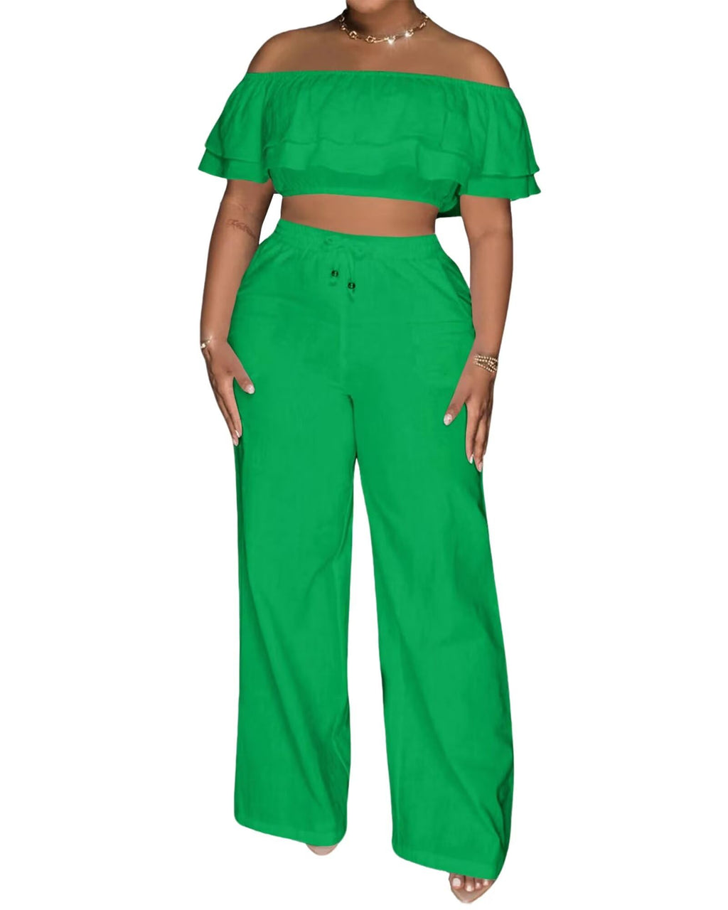 Adogirl 2 Piece Outfits for Women Ruffle Trim Crop Top Wide Leg Pants Set | 2 Piece Sets, Outfit for Women, Off Shoulder, Short Sleeve, Wide Leg Pants with Pockets, Sexy Outfits, Vacation Outfits