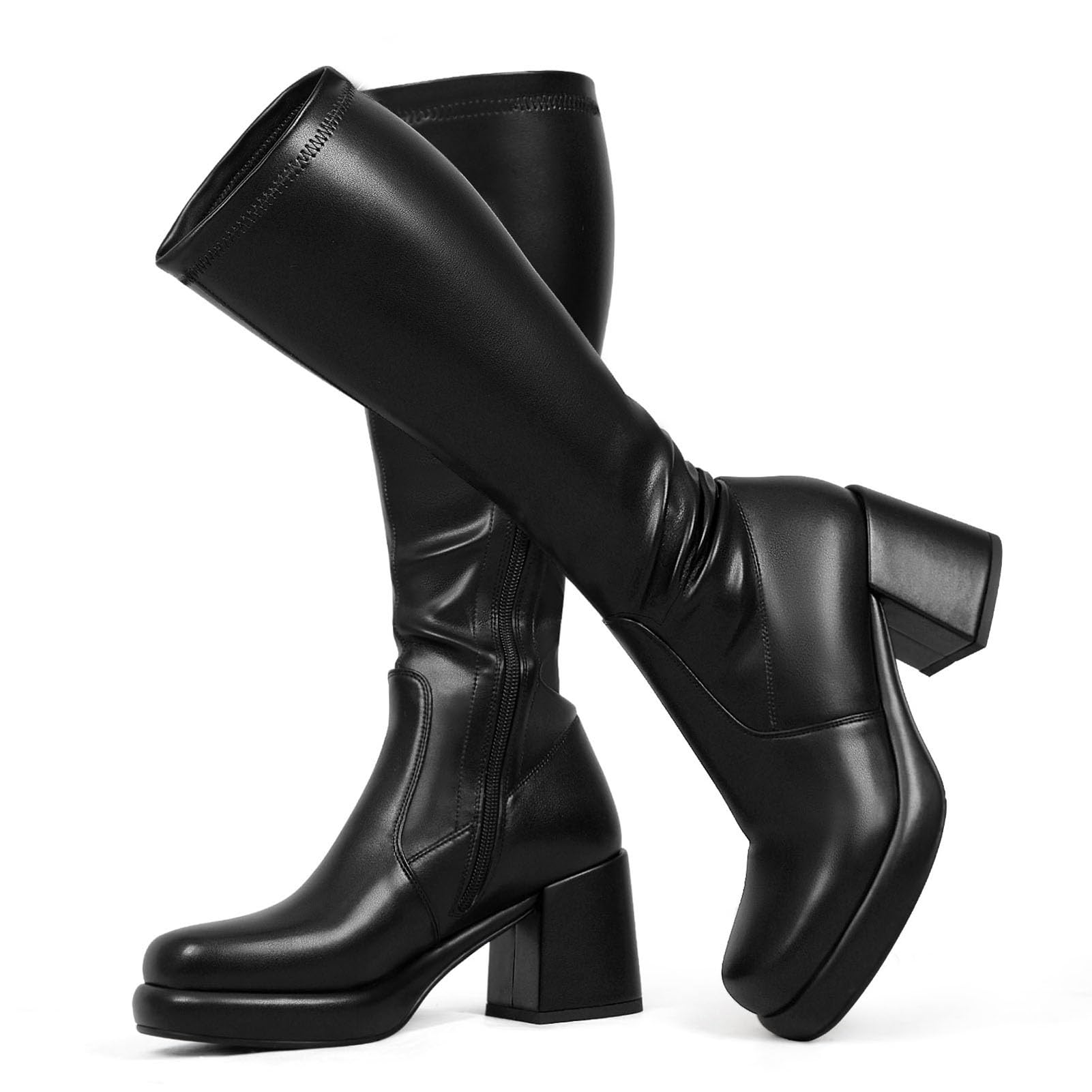LanreyTaley Elastic Women Knee High Boots Platform Chunky Heel Tall Boots Suede Dress Boots Side Zipper Stretch Boots Fall