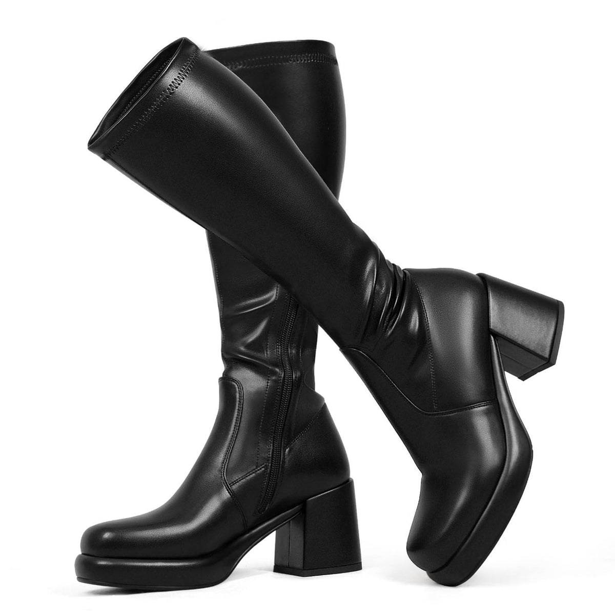 LanreyTaley Elastic Women Knee High Boots Platform Chunky Heel Tall Boots Suede Dress Boots Side Zipper Stretch Boots Fall